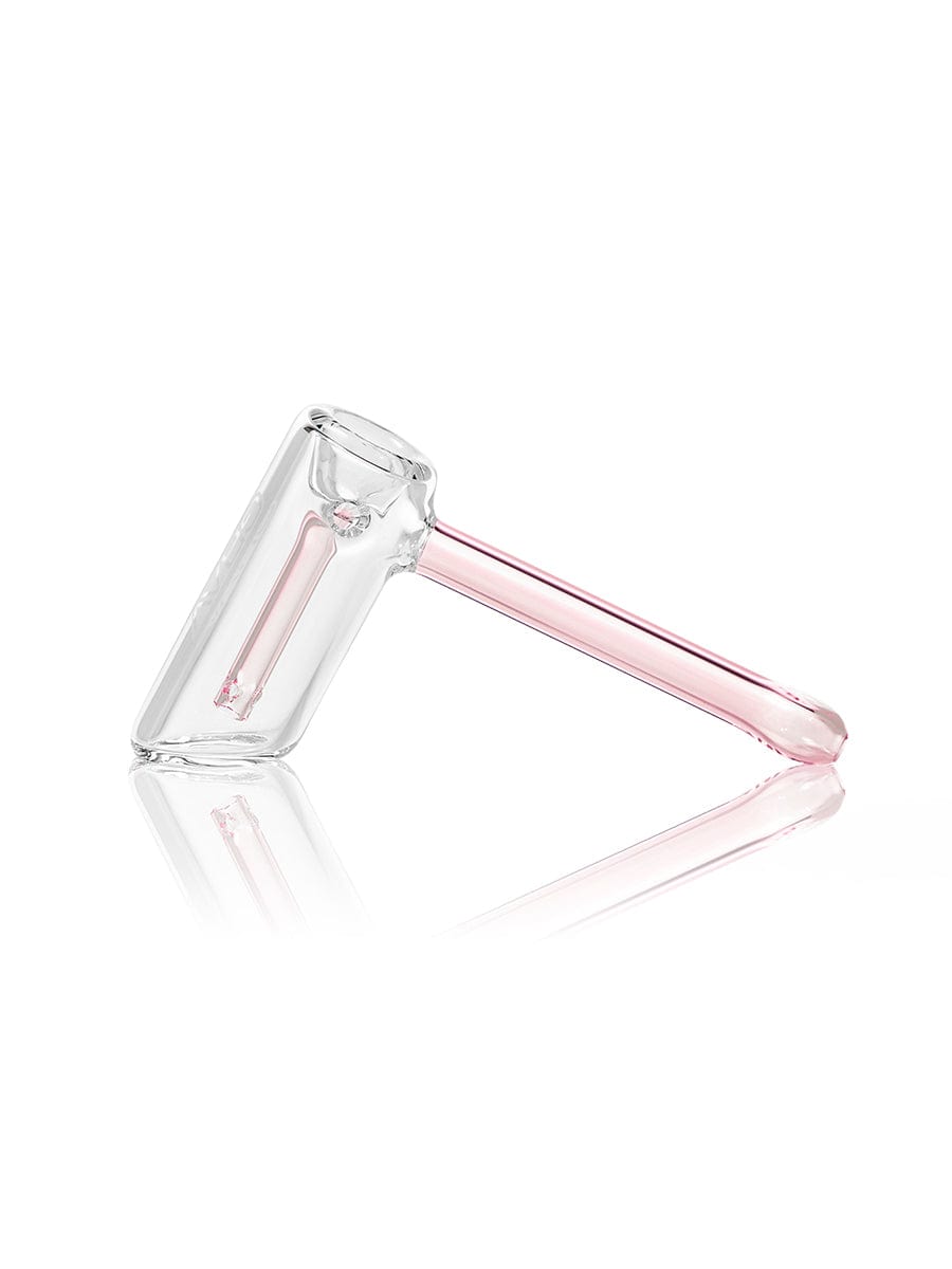 The Mini Hammer Bubbler is displayed in a side view, showcasing its clear glass construction and compact size. The Mini Hammer Bubbler is displayed in a side view, showcasing its clear glass construction and compact size.