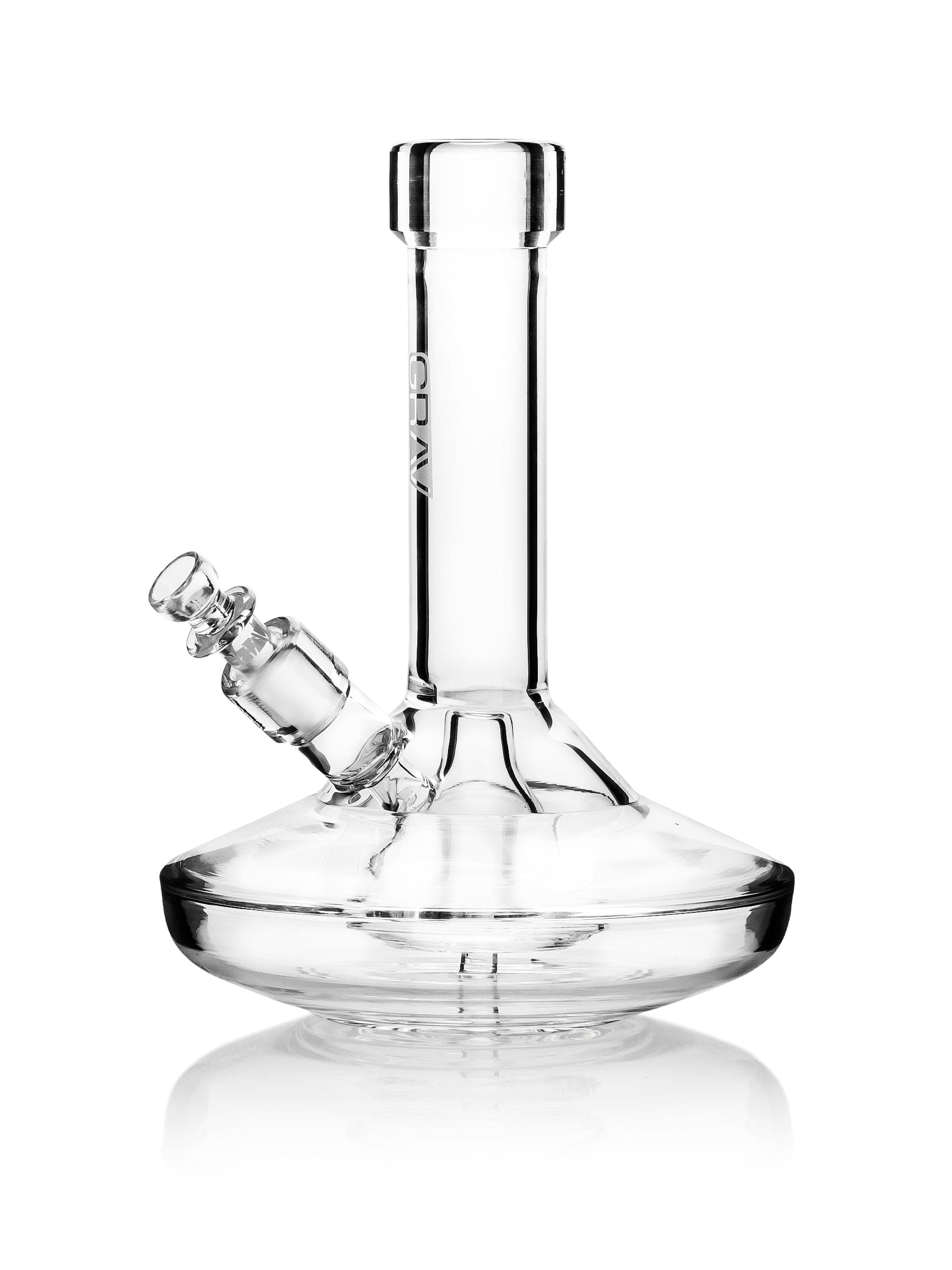Front view of the Small Wide Base Water Pipe, a clear glass pipe with a wide base and simple cylindrical form. Front view of the Small Wide Base Water Pipe, a clear glass pipe with a wide base and simple cylindrical form.