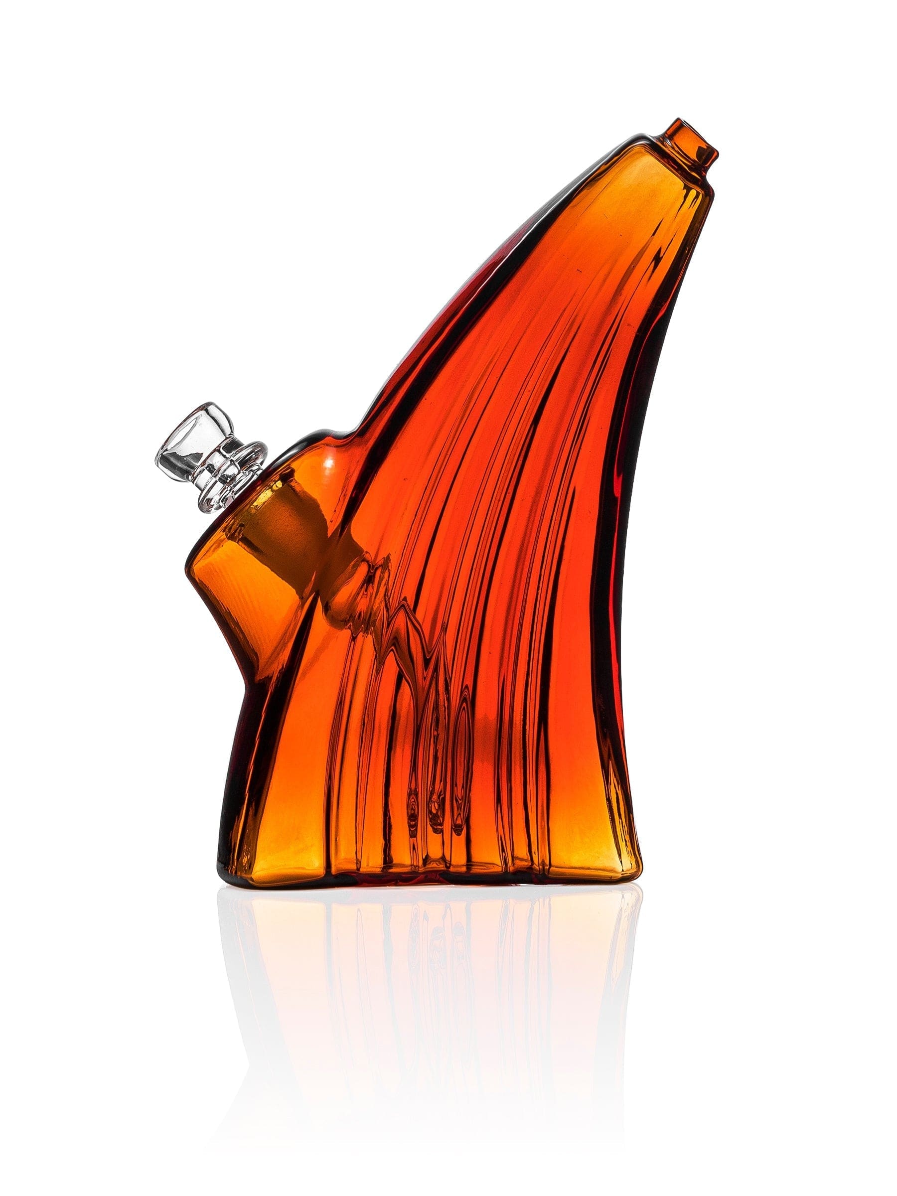 A studio shot of the Wave Bubbler, displaying its sleek, amber glass design against a plain white backdrop. A studio shot of the Wave Bubbler, displaying its sleek, amber glass design against a plain white backdrop.