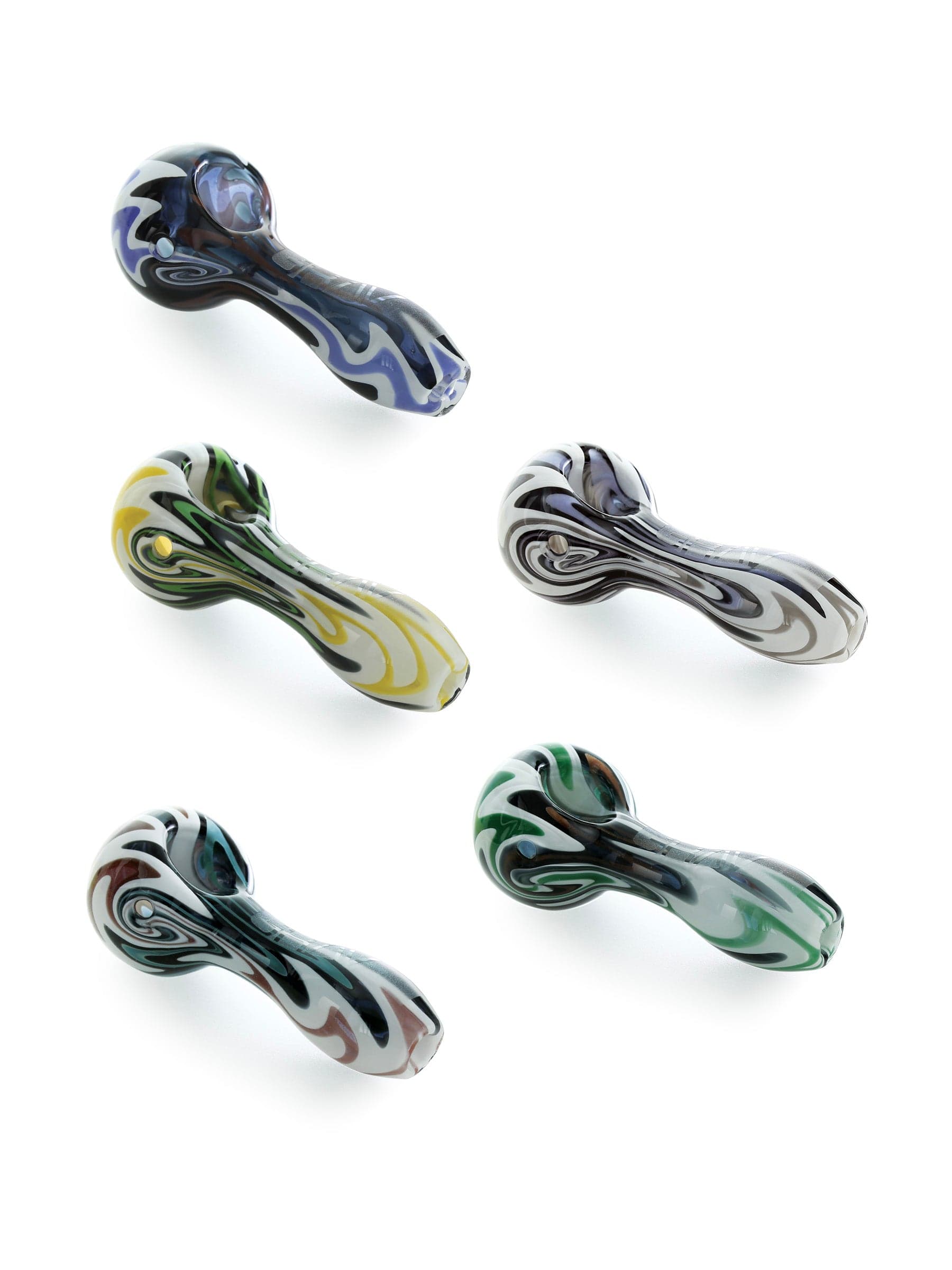 A front view of the WigWag Spoon Pipe, a curved glass pipe with colorful swirls, set against a plain white background. A front view of the WigWag Spoon Pipe, a curved glass pipe with colorful swirls, set against a plain white background.