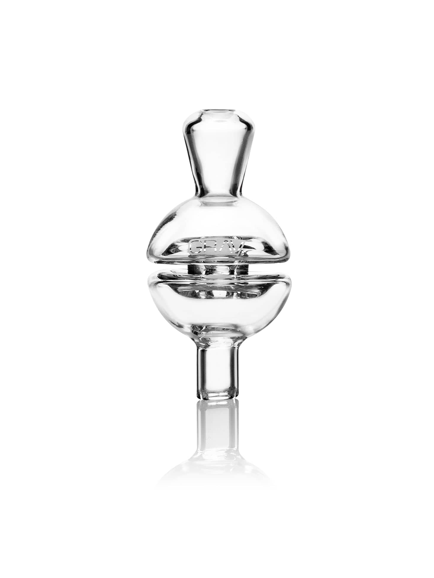 The Yo-Yo Carb Cap is displayed in a close-up, angled shot of its clear glass construction, reflecting light on a plain background. The Yo-Yo Carb Cap is displayed in a close-up, angled shot of its clear glass construction, reflecting light on a plain background.