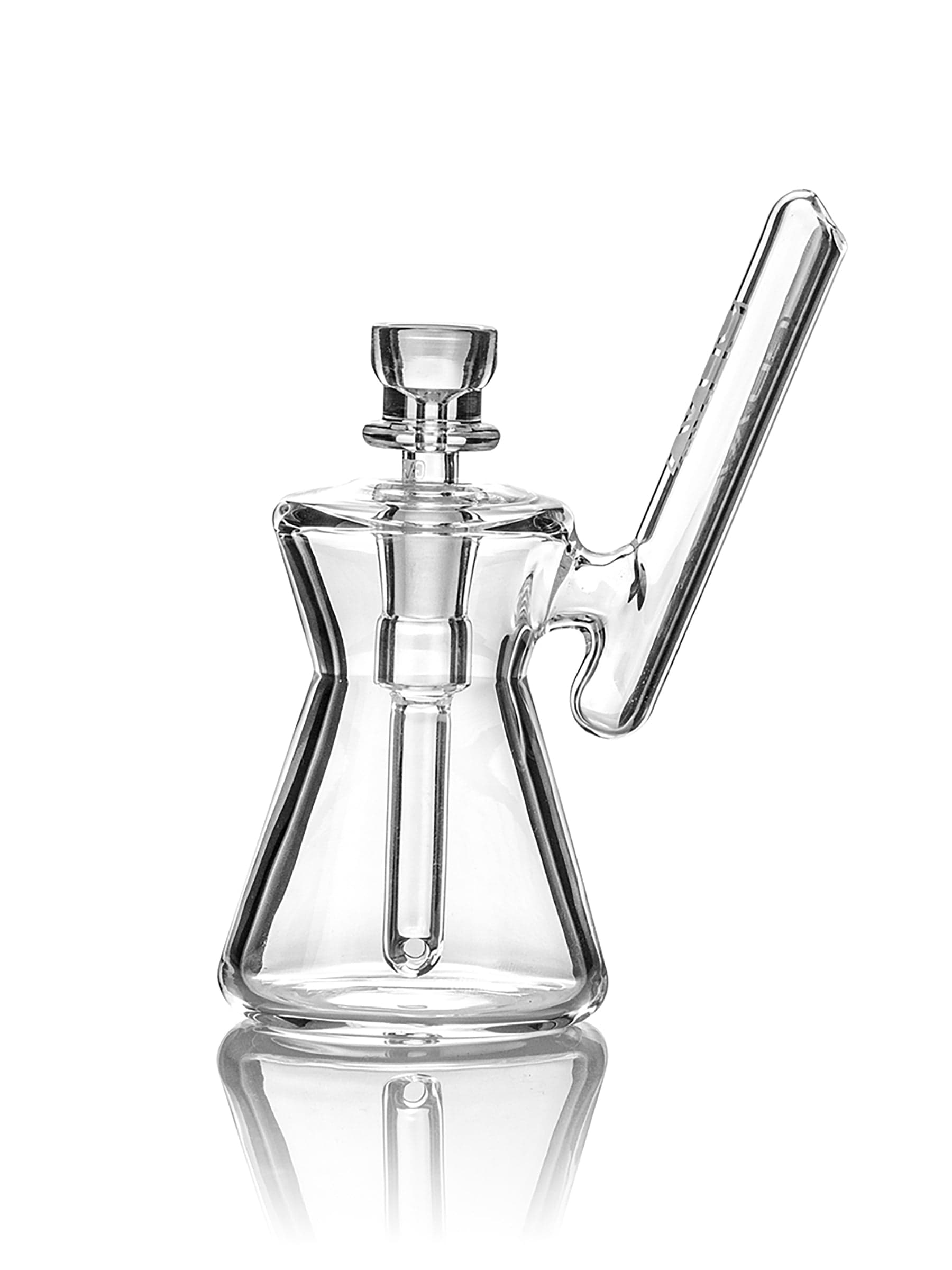 A front view of the Hourglass Pocket Bubbler, displaying the clear glass design and curved mouthpiece against a reflective surface. A front view of the Hourglass Pocket Bubbler, displaying the clear glass design and curved mouthpiece against a reflective surface.