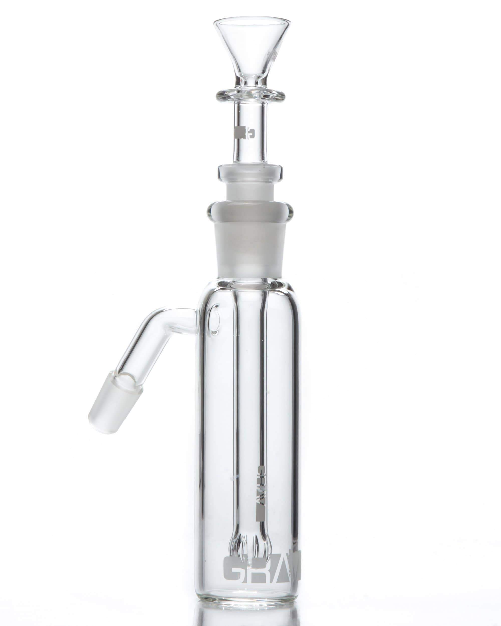 Front view of the 45˚ Ashcatcher with Downstem, a clear glass piece angled against a plain white background. Front view of the 45˚ Ashcatcher with Downstem, a clear glass piece angled against a plain white background.