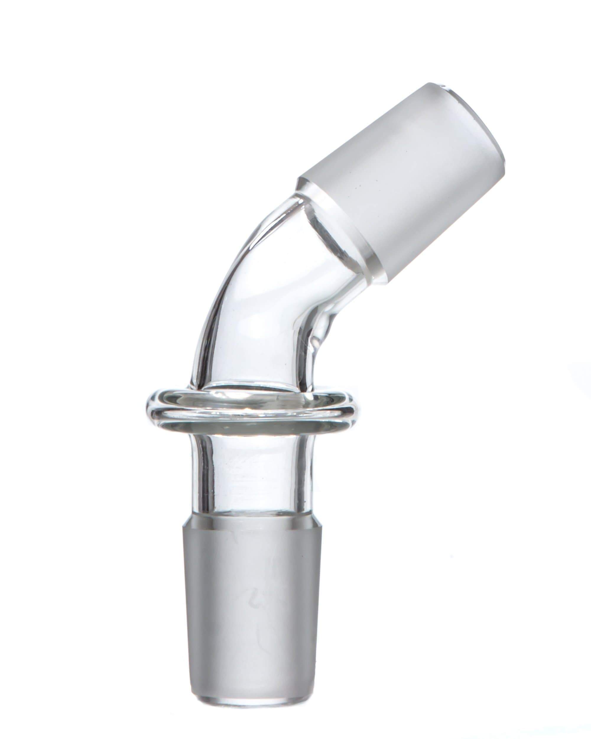 A clear glass 45˚ Male to Male Glass Adapter shown at a slight angle against a plain white background. A clear glass 45˚ Male to Male Glass Adapter shown at a slight angle against a plain white background.