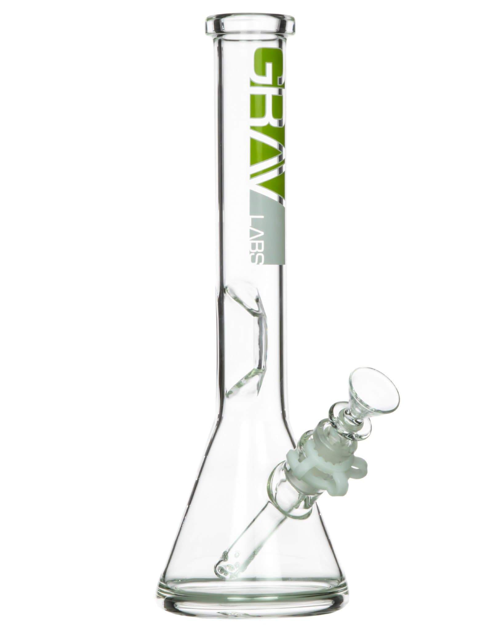 A studio shot of the Beaker Tube with Ice Catcher, showing its clear glass construction and angled view. A studio shot of the Beaker Tube with Ice Catcher, showing its clear glass construction and angled view.