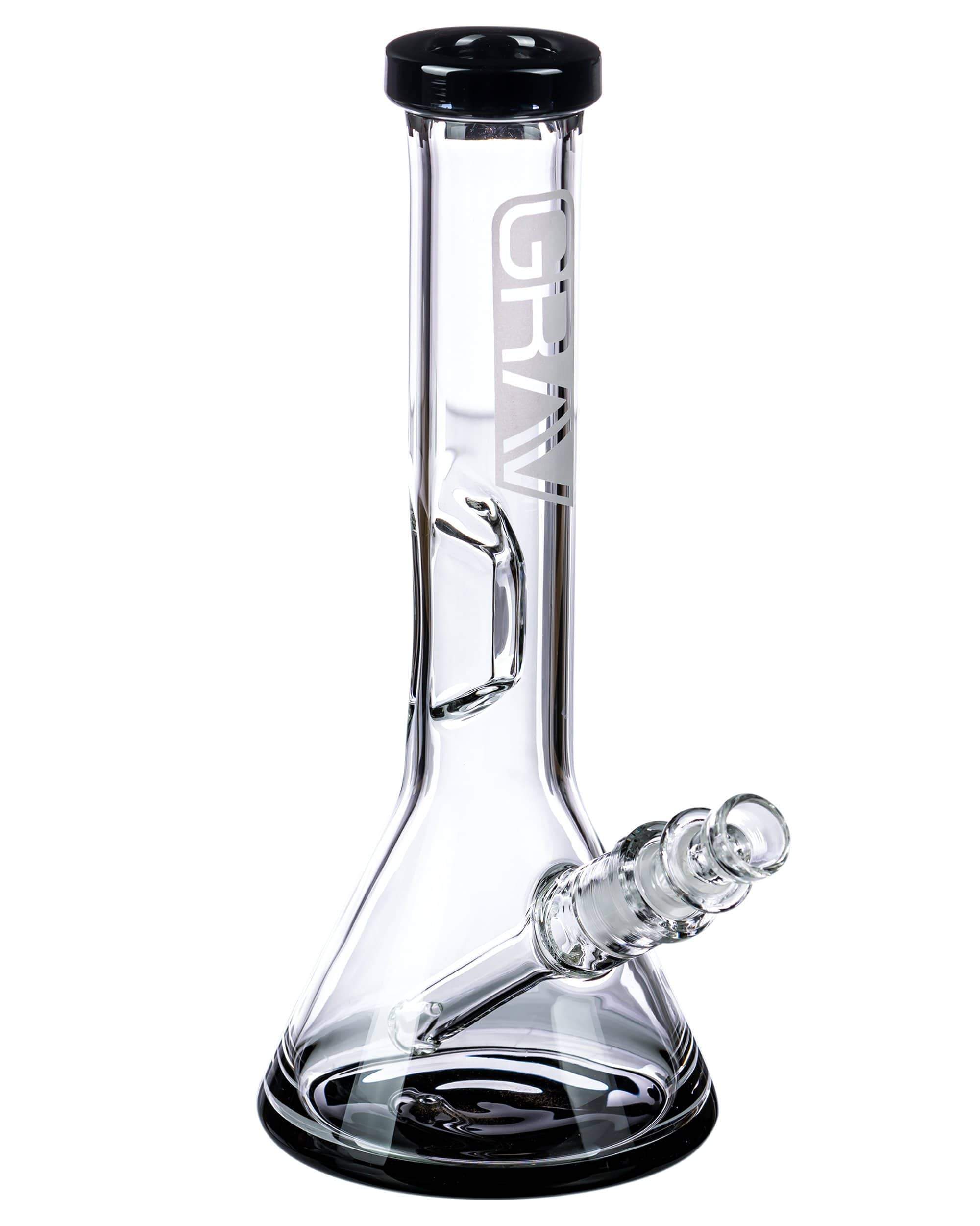 A front view of the Black Accented Beaker Bong with Inverted Restriction, showcasing its clear glass construction and dark accent rim. A front view of the Black Accented Beaker Bong with Inverted Restriction, showcasing its clear glass construction and dark accent rim.