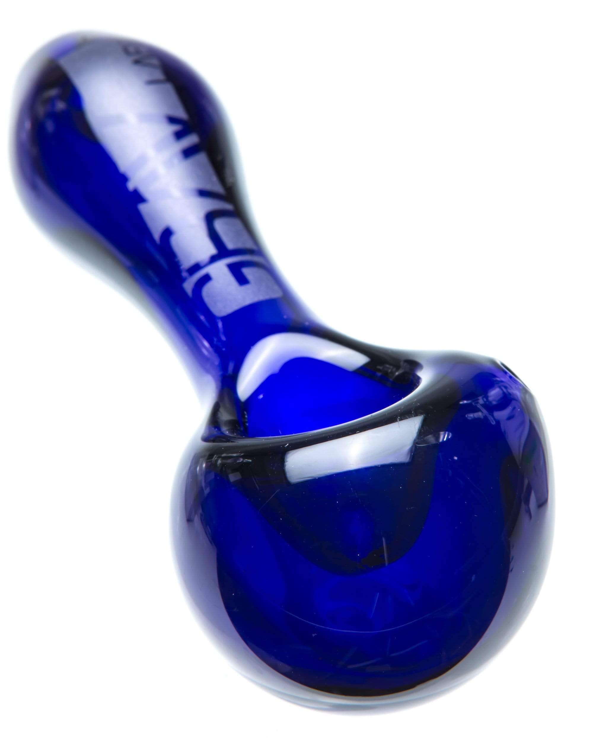 A studio shot of the Classic Spoon Pipe, showcasing its curved blue glass design against a plain white background. A studio shot of the Classic Spoon Pipe, showcasing its curved blue glass design against a plain white background.