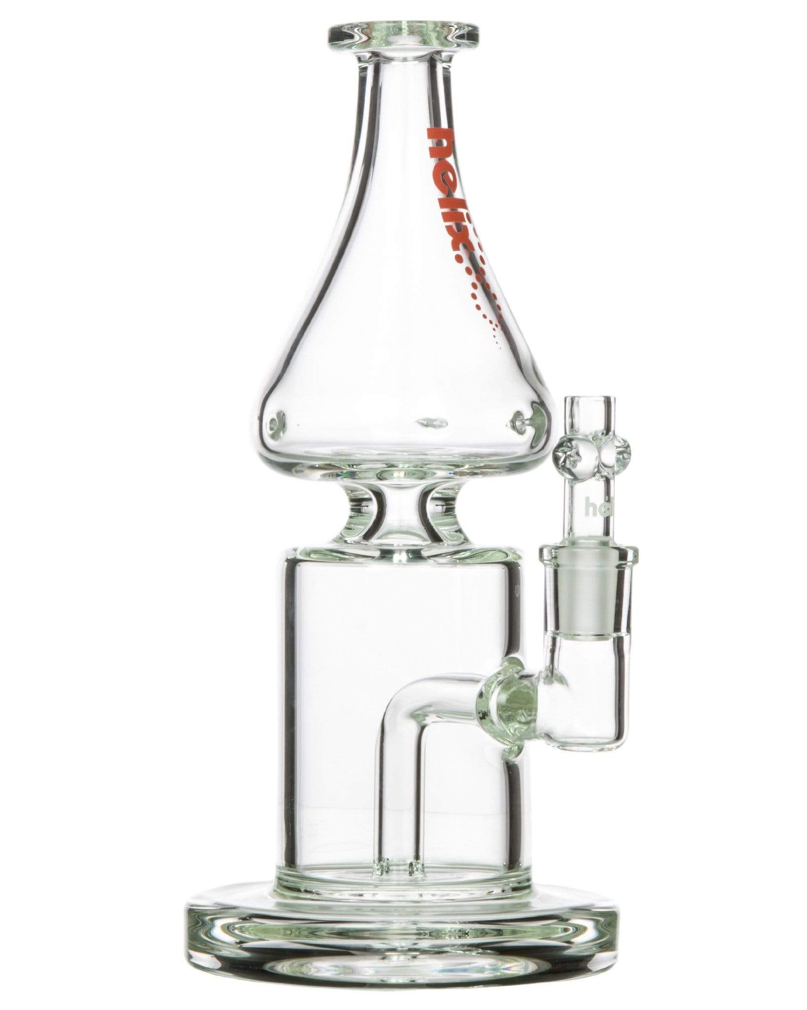 A studio shot of the Helix Flare Bong with Fixed Downstem, showcasing its clear glass construction and sleek, curved design. A studio shot of the Helix Flare Bong with Fixed Downstem, showcasing its clear glass construction and sleek, curved design.