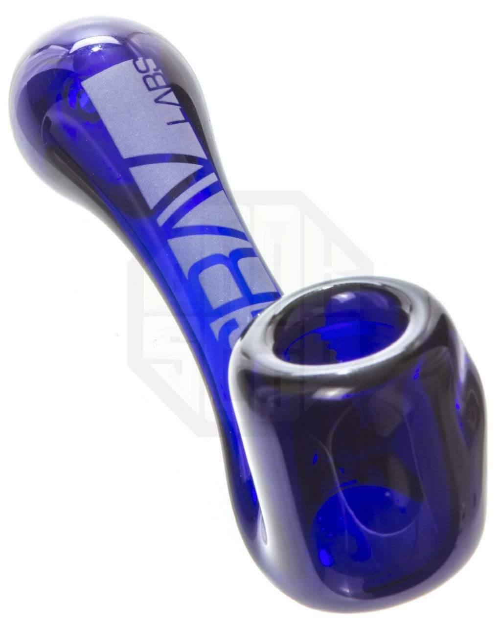 Front view of the Mini Sherlock Pipe, a small, curved glass pipe with a dark blue hue. Front view of the Mini Sherlock Pipe, a small, curved glass pipe with a dark blue hue.