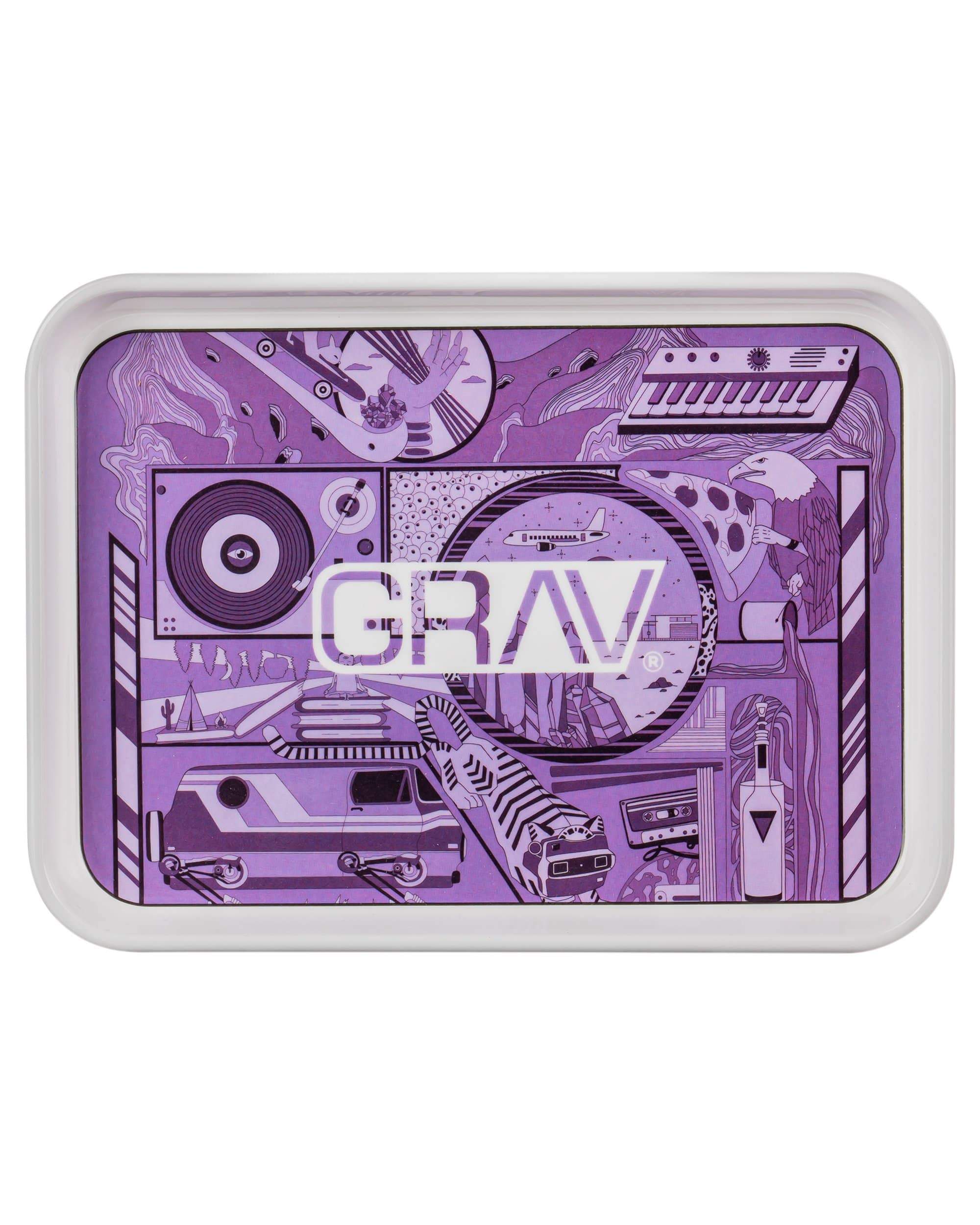 A top-down view of the RAW Rolling Tray displaying a vibrant, colorful design on a flat surface. A top-down view of the RAW Rolling Tray displaying a vibrant, colorful design on a flat surface.
