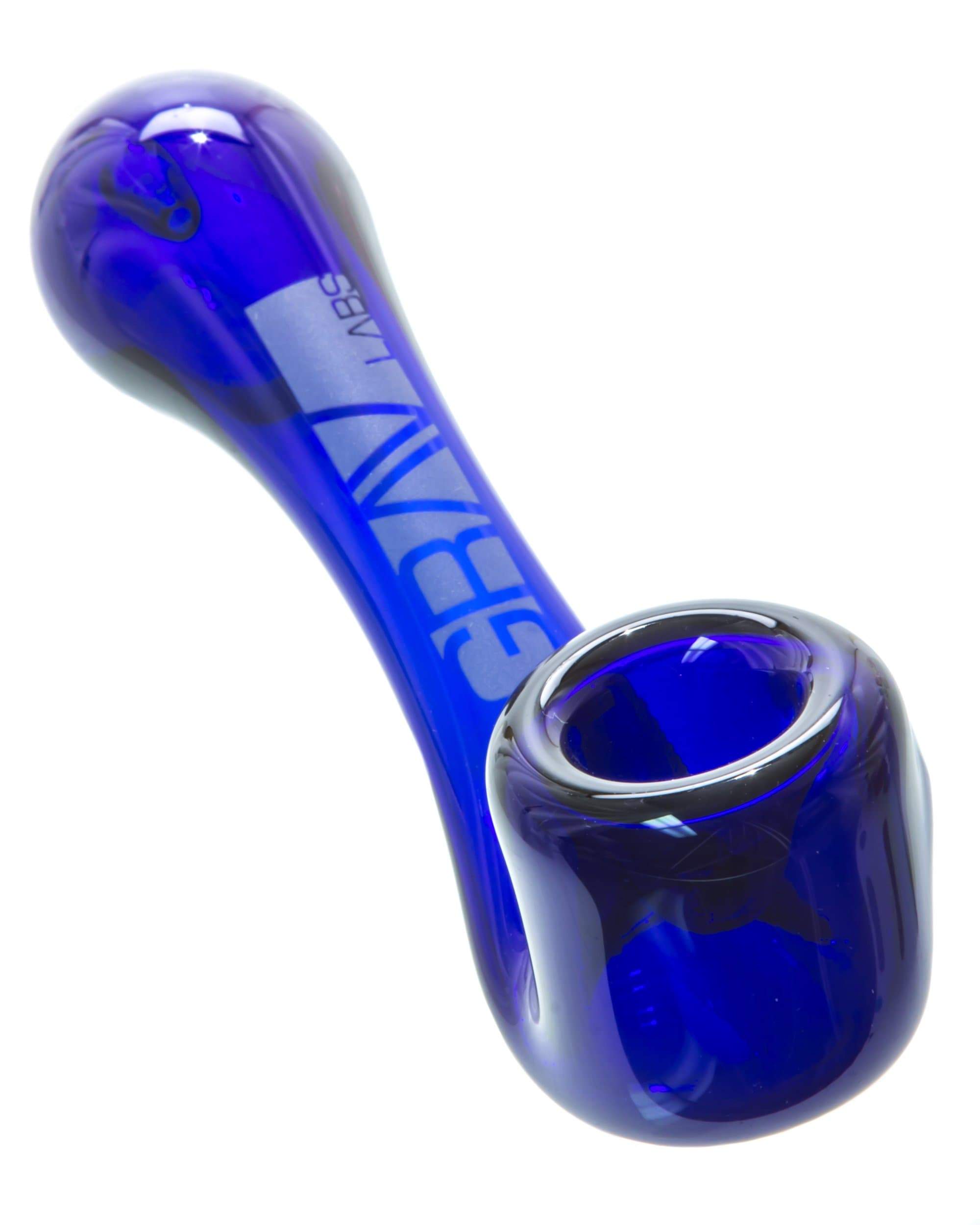 A front view of the Sherlock Pipe, a blue glass pipe with a curved design, isolated on a white background. A front view of the Sherlock Pipe, a blue glass pipe with a curved design, isolated on a white background.