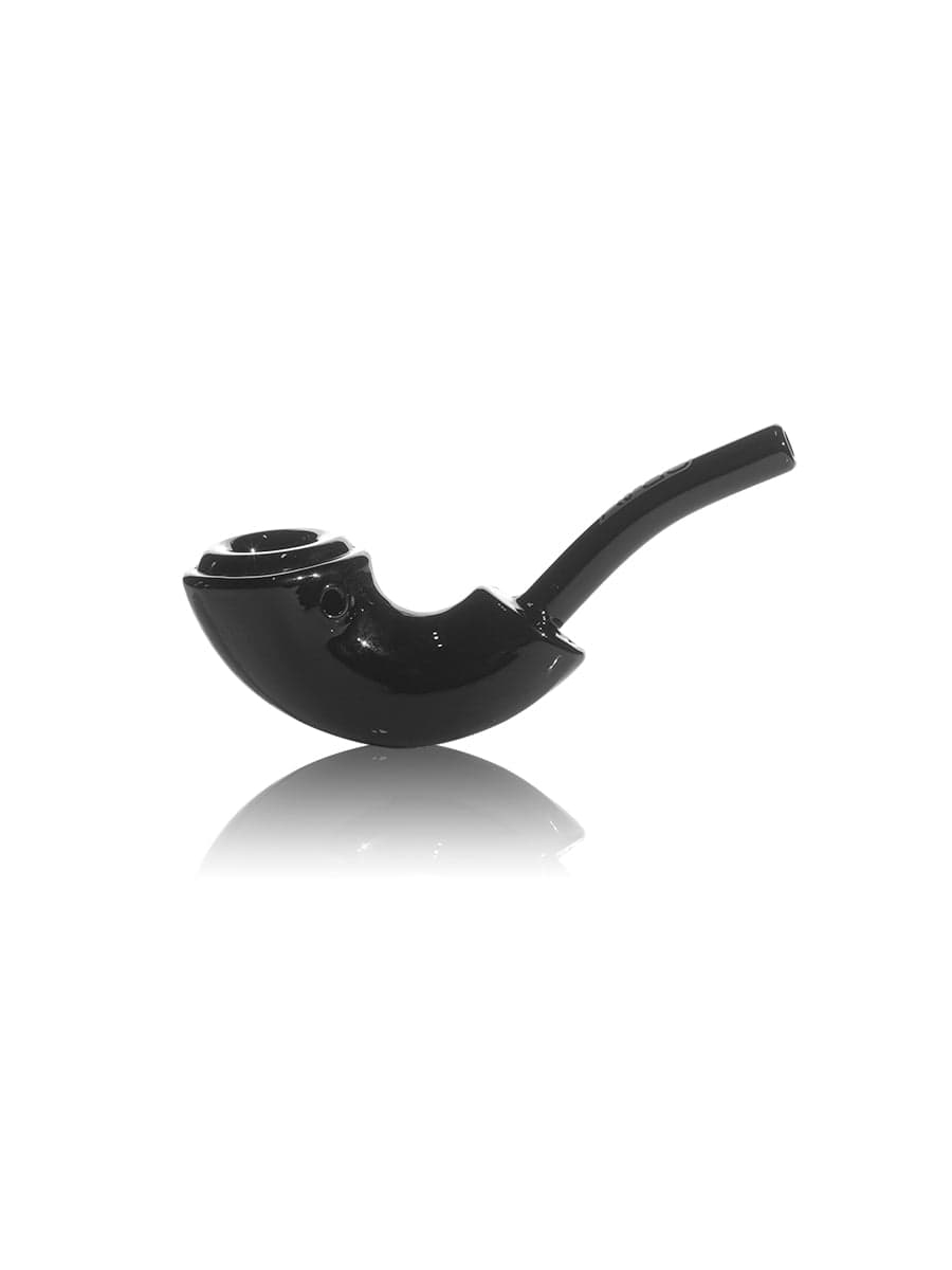A side view of the Rocker Sherlock Pipe, showing its curved bowl and stem against a dark reflective surface. A side view of the Rocker Sherlock Pipe, showing its curved bowl and stem against a dark reflective surface.