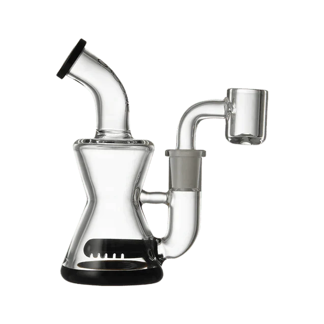 A front view of the Mini Hourglass Rig, showing a clear glass rig with a rounded base and a curved neck. A front view of the Mini Hourglass Rig, showing a clear glass rig with a rounded base and a curved neck.