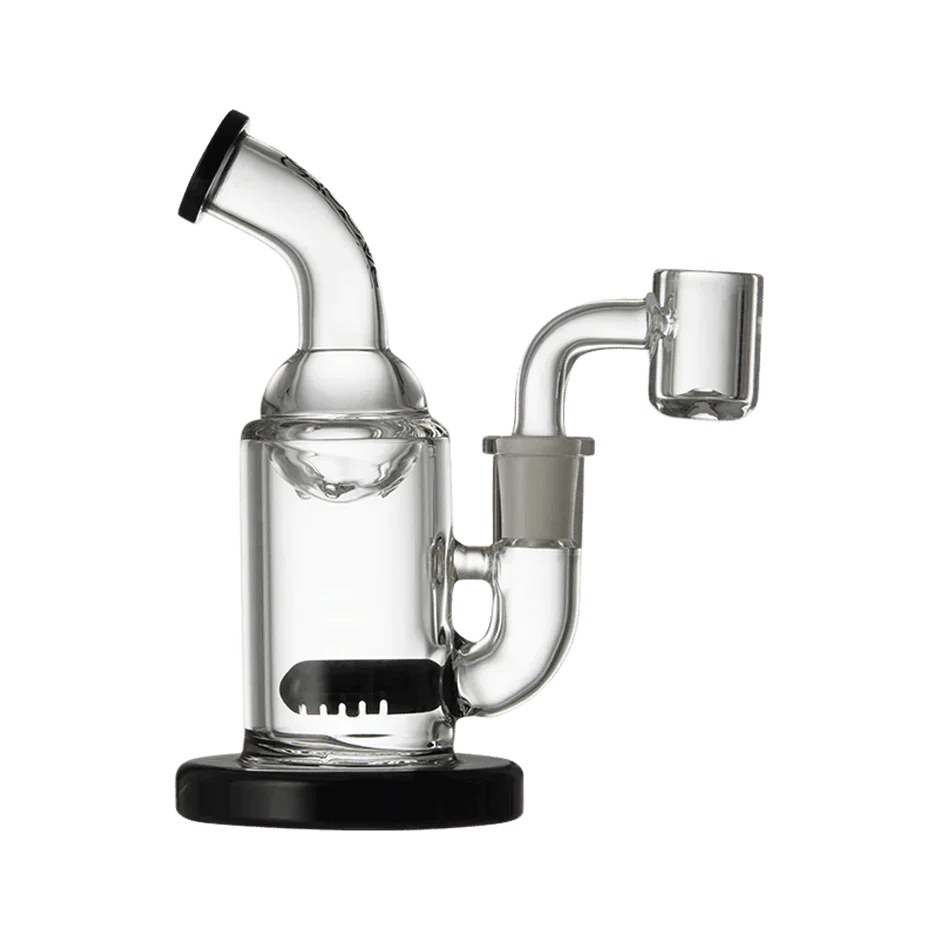 A front view of the Mini Tube Dab Rig, featuring a clear glass tube with a black accent and visible joint. A front view of the Mini Tube Dab Rig, featuring a clear glass tube with a black accent and visible joint.