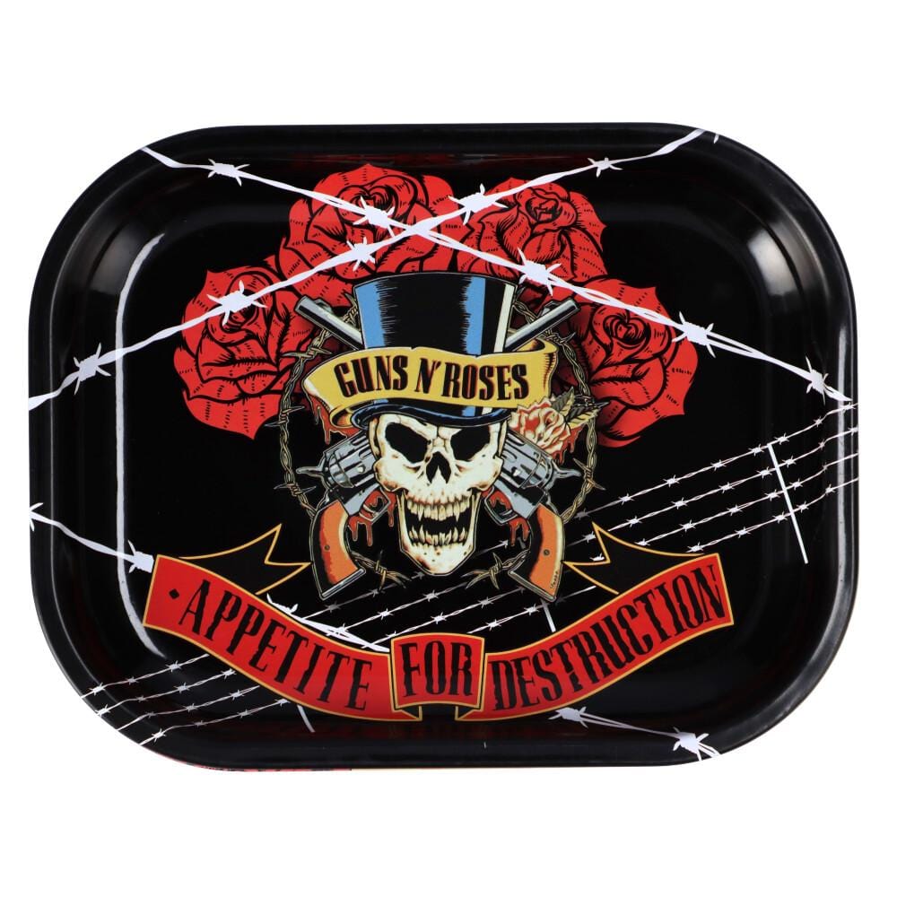A top-down view of the Barbed Wire Rolling Tray displays a dark design featuring a skull and roses surrounded by wire. A top-down view of the Barbed Wire Rolling Tray displays a dark design featuring a skull and roses surrounded by wire.