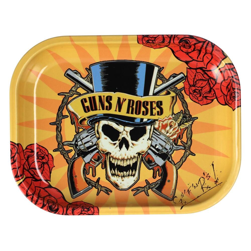 The Roses Rolling Tray displays a detailed floral pattern surrounding a skull design, viewed from a slightly overhead angle. The Roses Rolling Tray displays a detailed floral pattern surrounding a skull design, viewed from a slightly overhead angle.