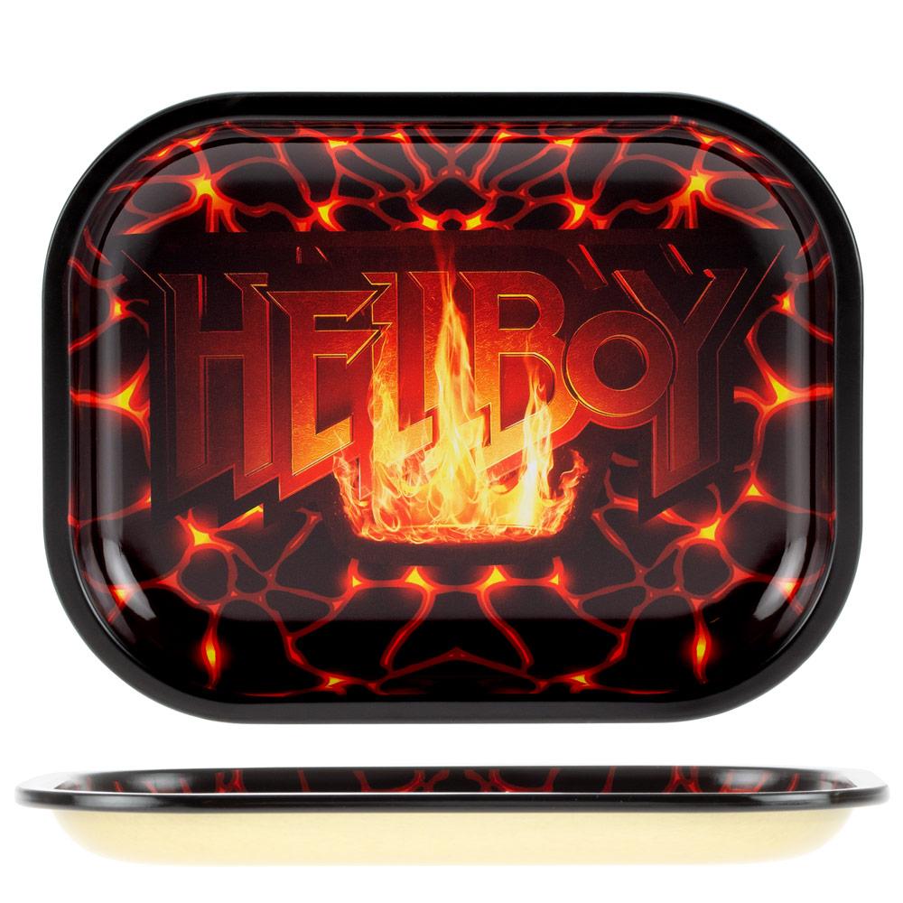 Front view of the Inferno Rolling Tray, showcasing a fiery design on a rectangular black surface. Front view of the Inferno Rolling Tray, showcasing a fiery design on a rectangular black surface.