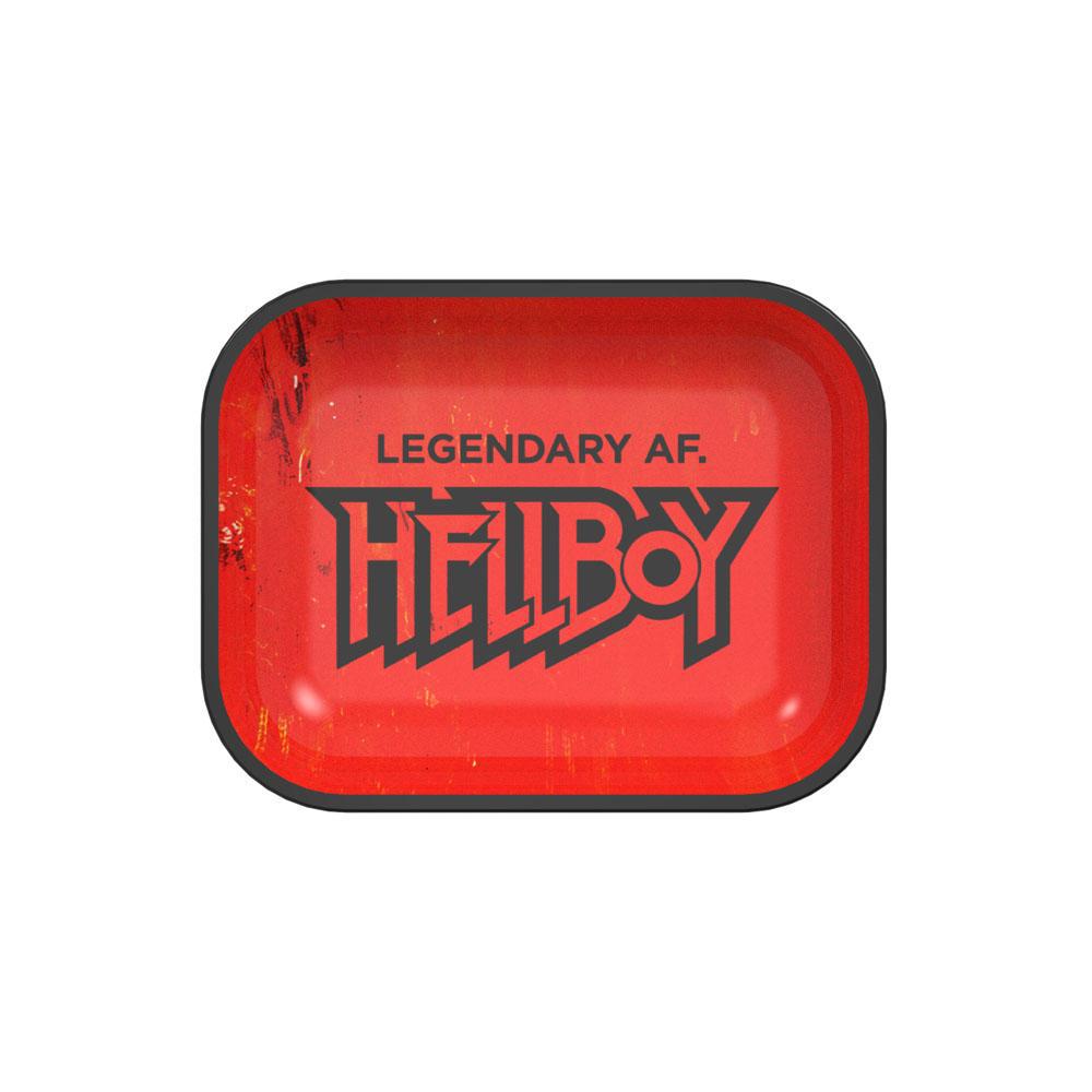 A close-up, overhead view of the Legendary Rolling Tray featuring a bright red surface with bold white lettering. A close-up, overhead view of the Legendary Rolling Tray featuring a bright red surface with bold white lettering.