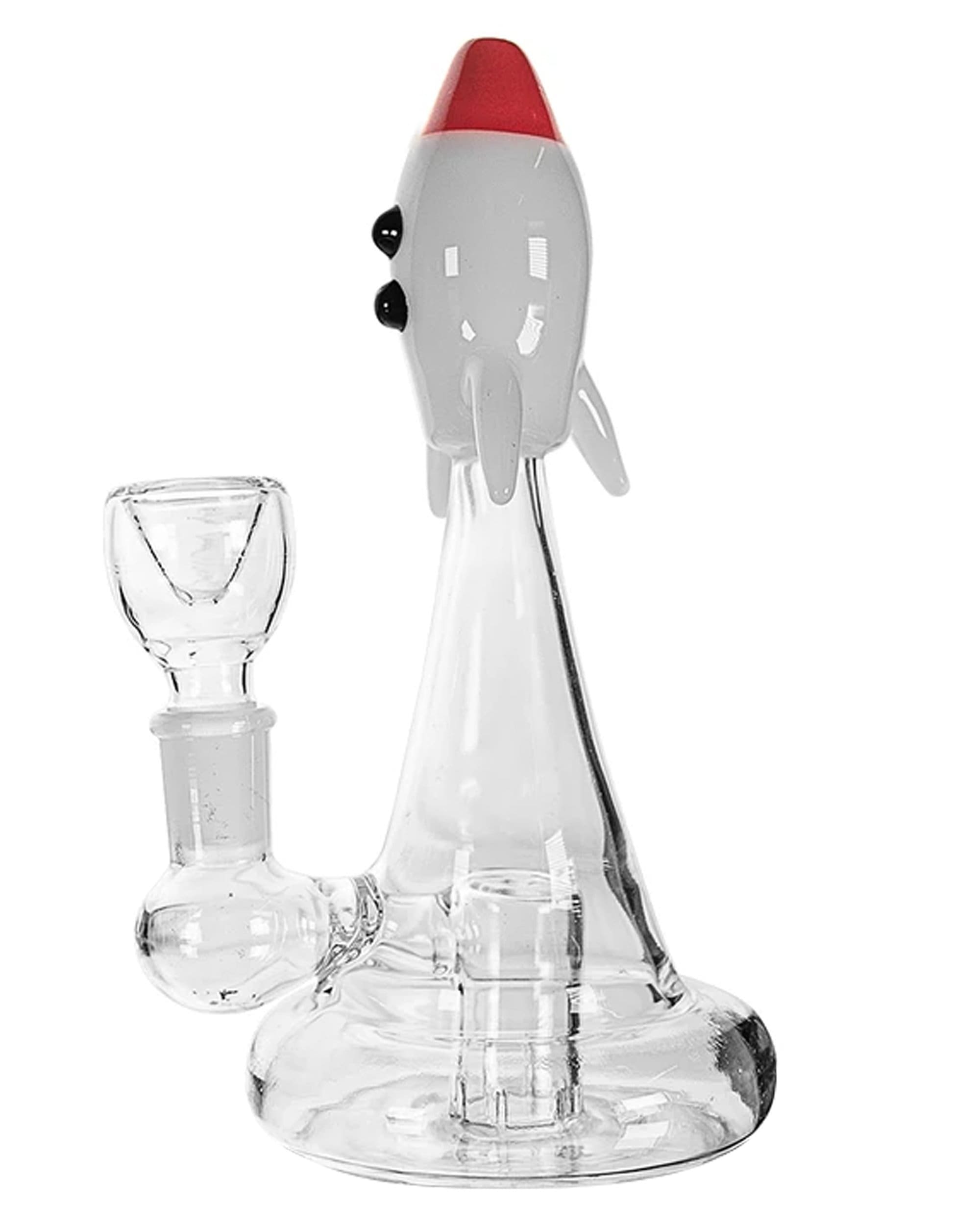 A front view of the Blastoff Rocket Bong, a clear glass water pipe shaped like a rocket ship. A front view of the Blastoff Rocket Bong, a clear glass water pipe shaped like a rocket ship.