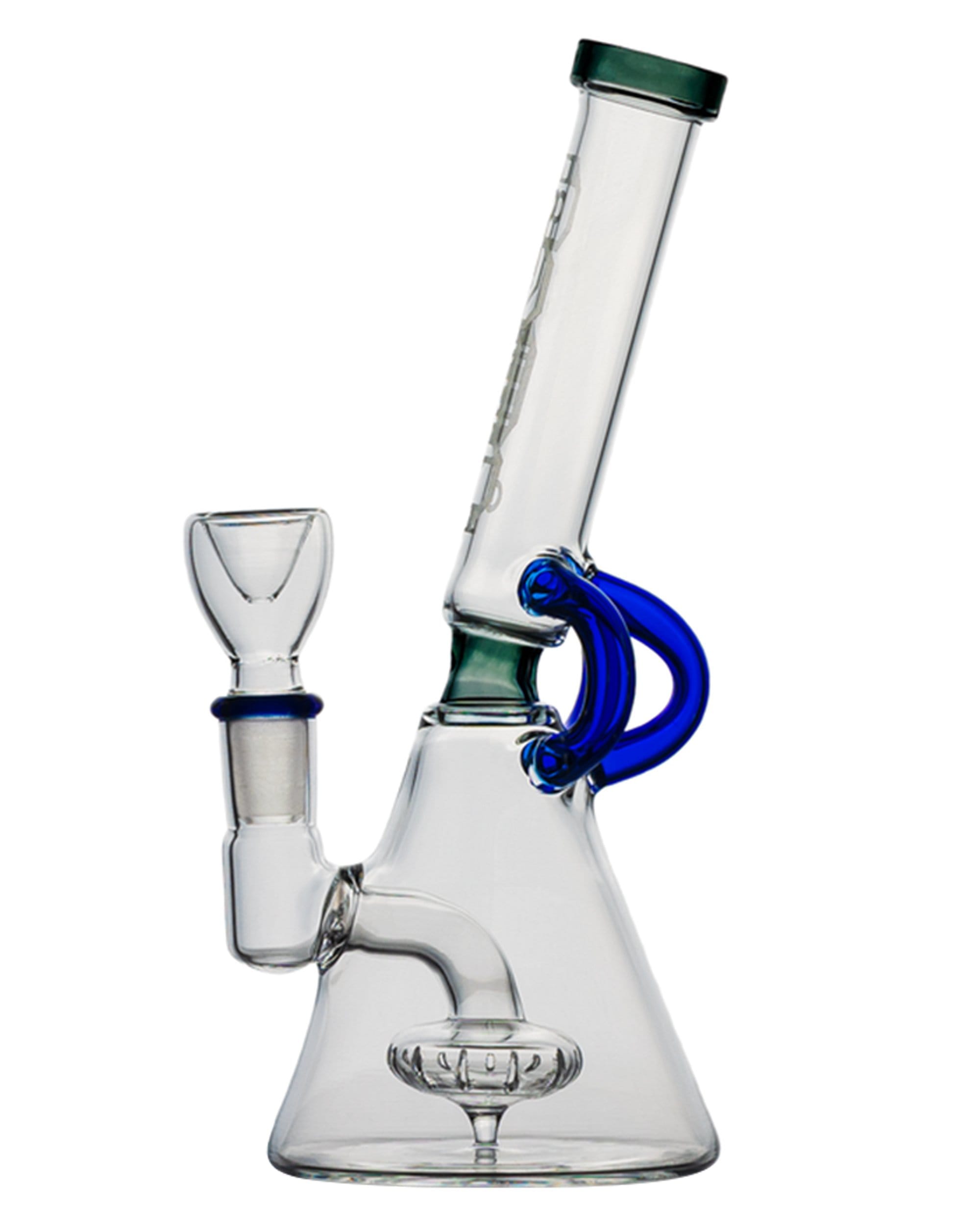 Front view of the Cyberpunk Bong, a clear glass beaker with a simple, clean design and visible joint. Front view of the Cyberpunk Bong, a clear glass beaker with a simple, clean design and visible joint.