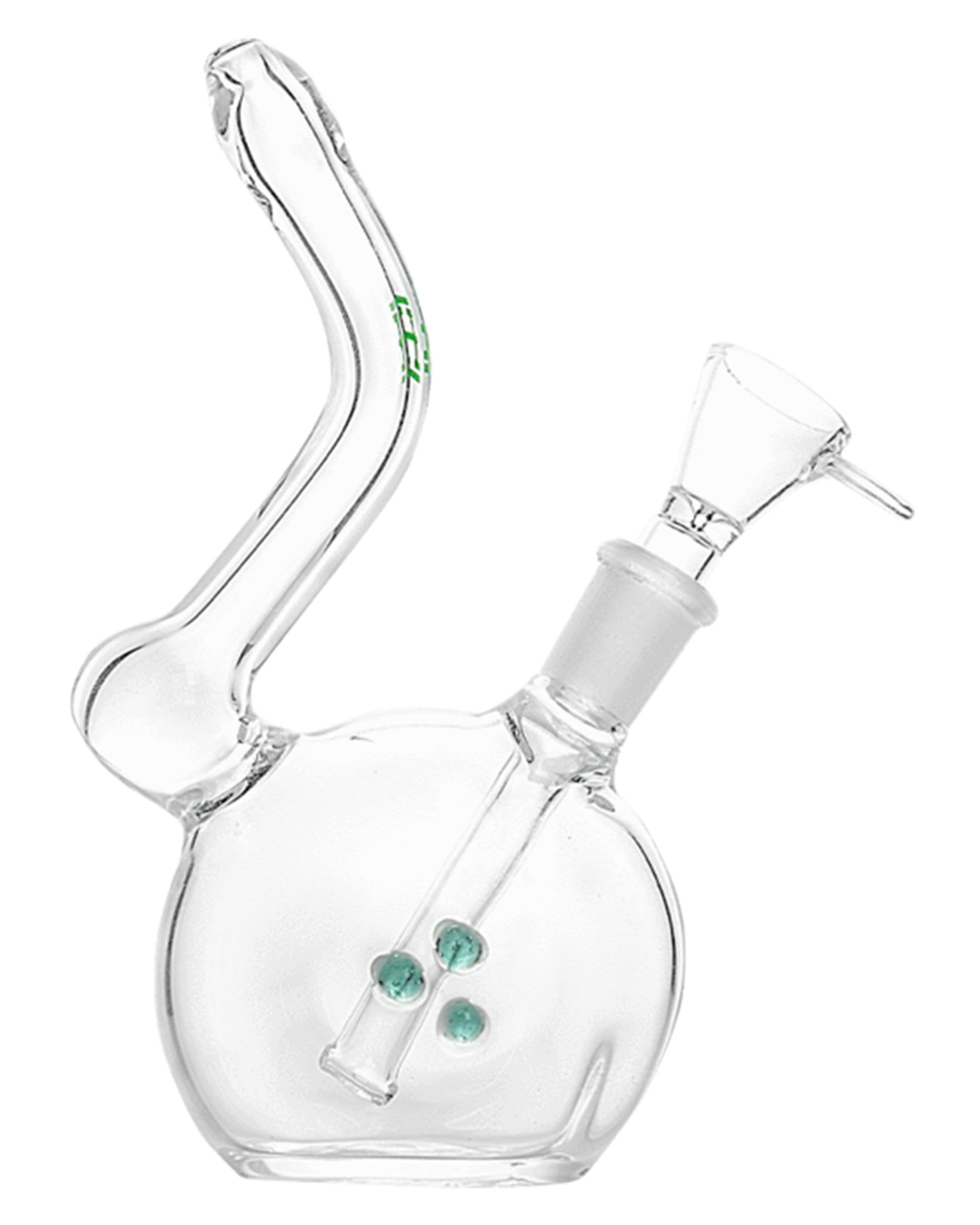 Front view of the Flavor Saver Bong, a clear glass water pipe with a rounded base and curved neck. Front view of the Flavor Saver Bong, a clear glass water pipe with a rounded base and curved neck.