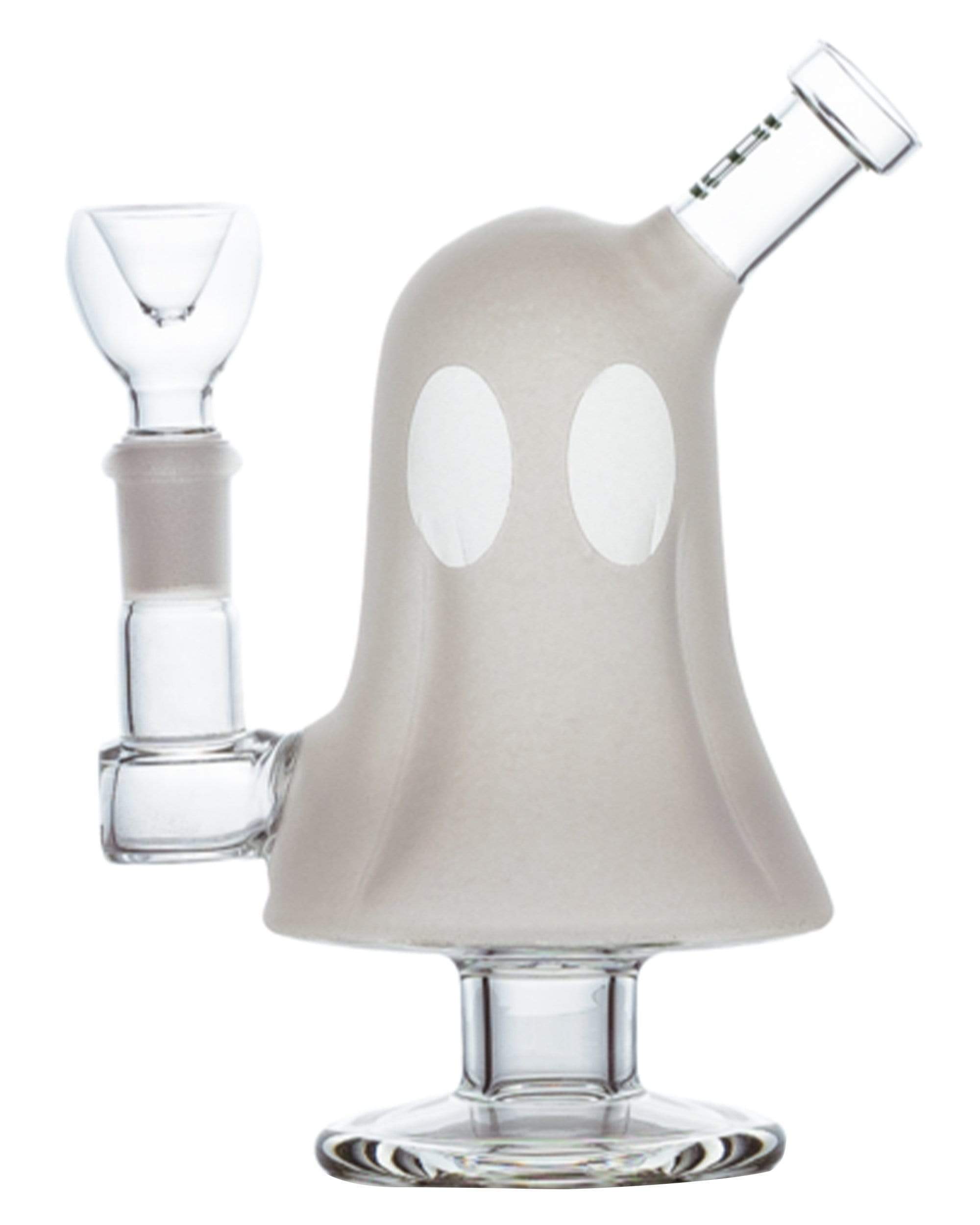 Front view of the Ghost Rig, a clear glass rig with a unique curved design and visible joint for attachments. Front view of the Ghost Rig, a clear glass rig with a unique curved design and visible joint for attachments.