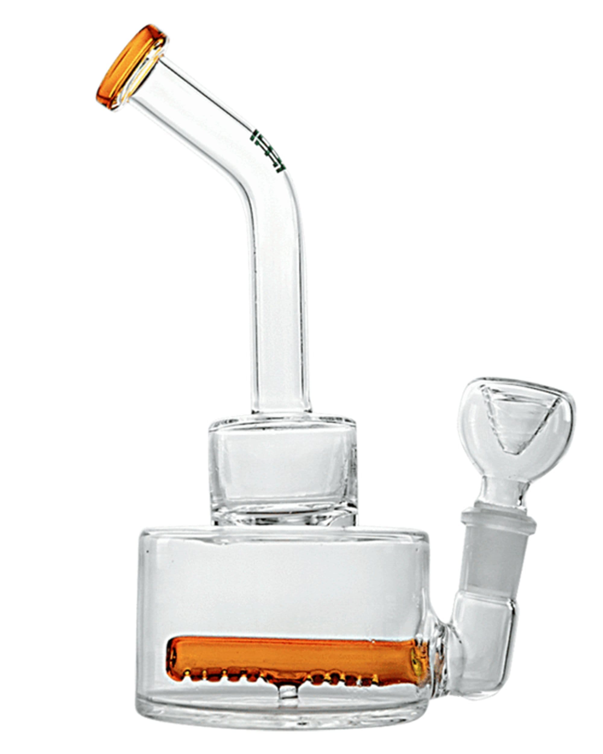 Front view of the Inline Puck Bong V2| a clear glass water pipe with a rounded base and curved neck. Front view of the Inline Puck Bong V2| a clear glass water pipe with a rounded base and curved neck.
