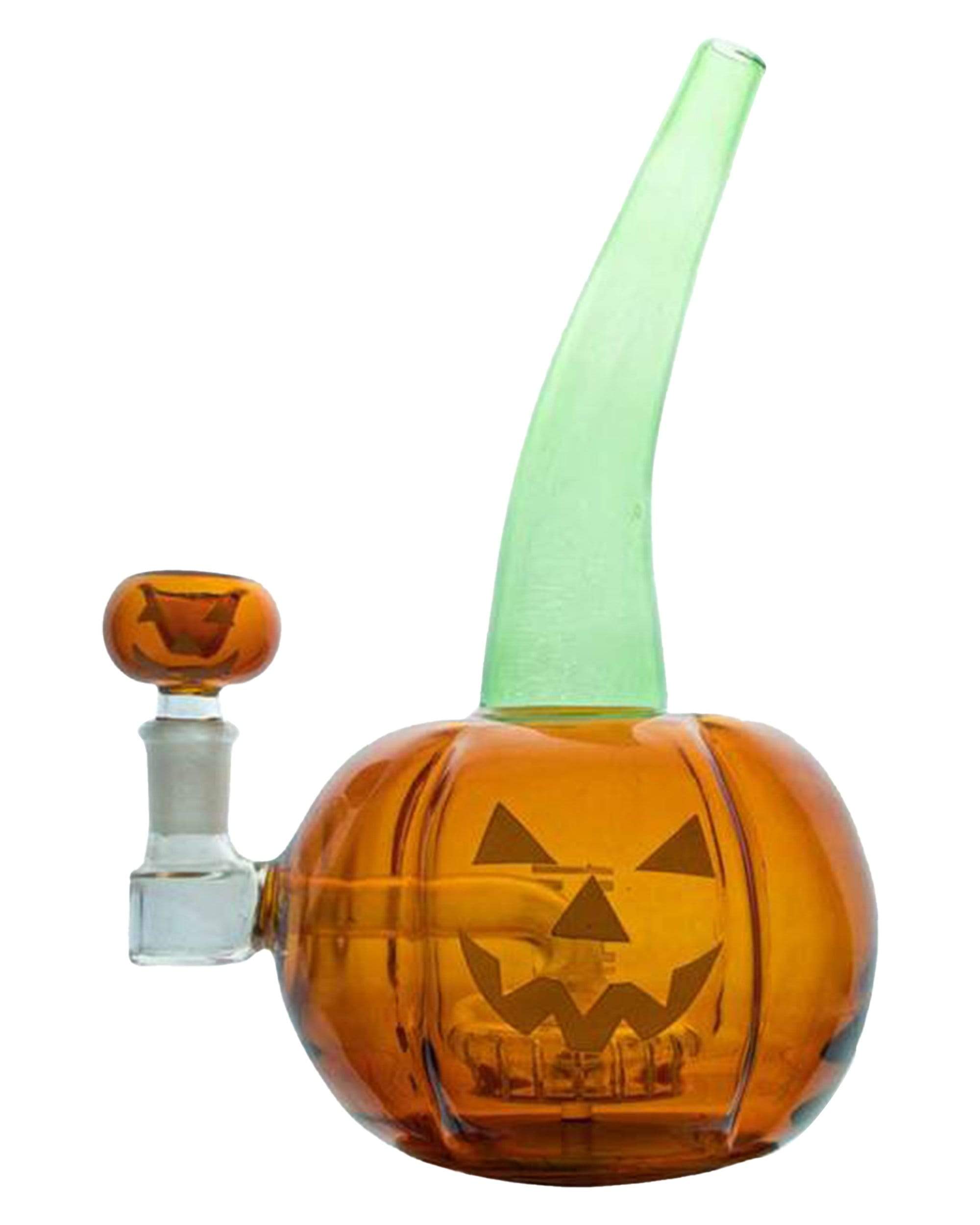 Front view of the Jack The Ripper Bong, a sculpted glass piece with a green neck and orange body, resembling a pumpkin. Front view of the Jack The Ripper Bong, a sculpted glass piece with a green neck and orange body, resembling a pumpkin.