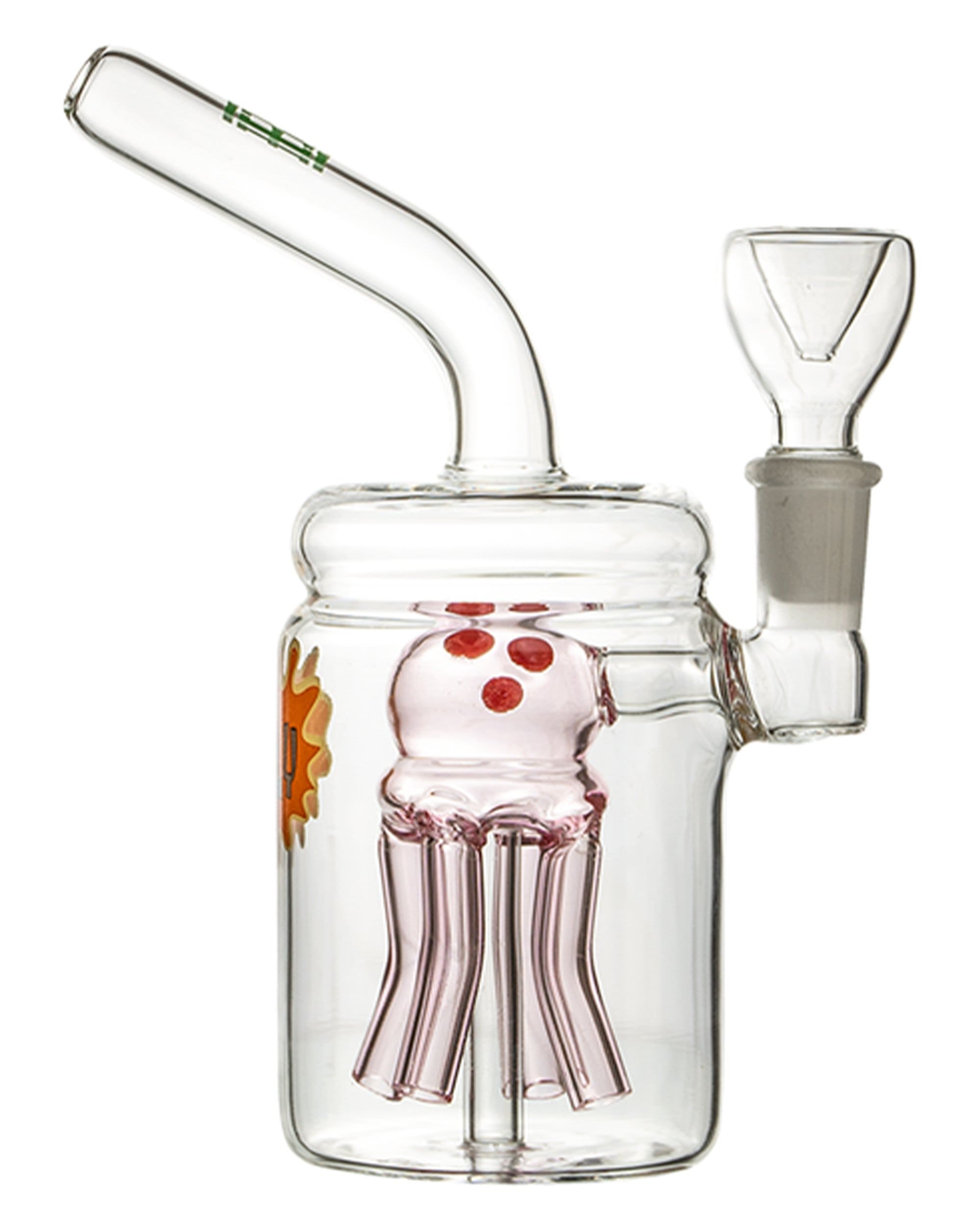 Front view of the Jellyfish Jar Bong, a clear glass bong shaped like a jellyfish with a curved neck. Front view of the Jellyfish Jar Bong, a clear glass bong shaped like a jellyfish with a curved neck.