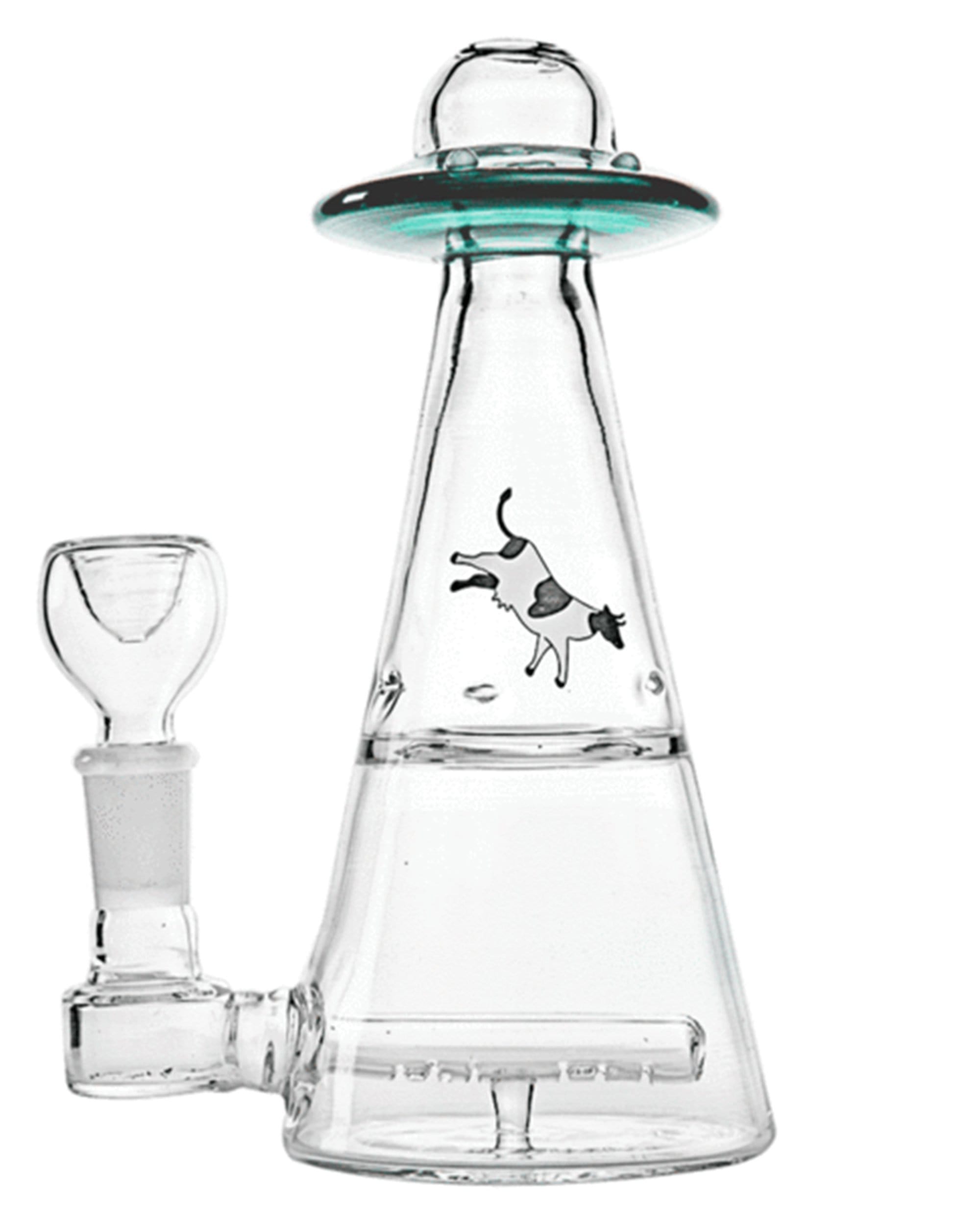 Front view of the UFO Vortex Bong, a clear glass water pipe with a unique, angled design and visible joint connection. Front view of the UFO Vortex Bong, a clear glass water pipe with a unique, angled design and visible joint connection.