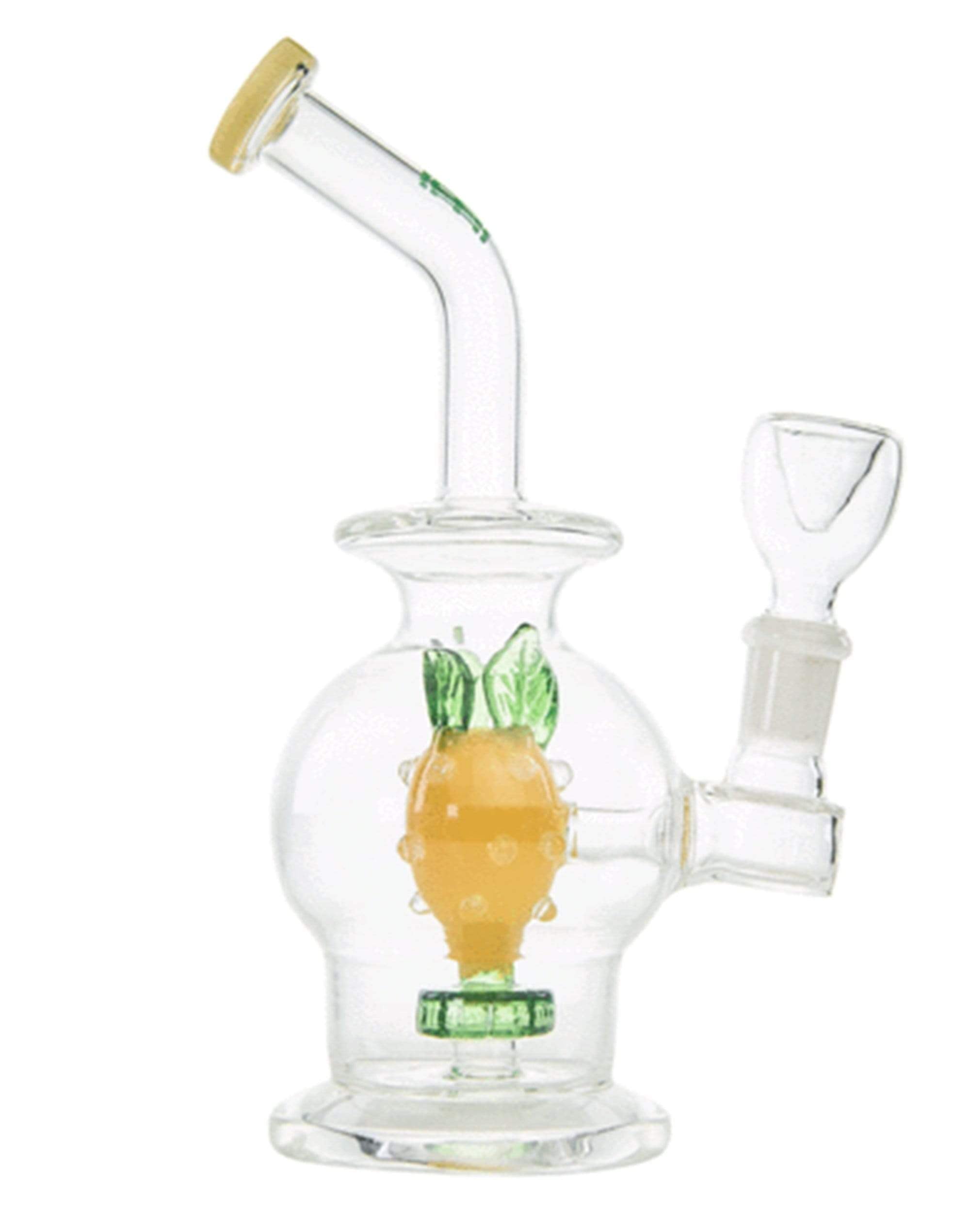 Front view of the V2 Pineapple Bong, a clear glass water pipe shaped like a pineapple with a green leafy top. Front view of the V2 Pineapple Bong, a clear glass water pipe shaped like a pineapple with a green leafy top.