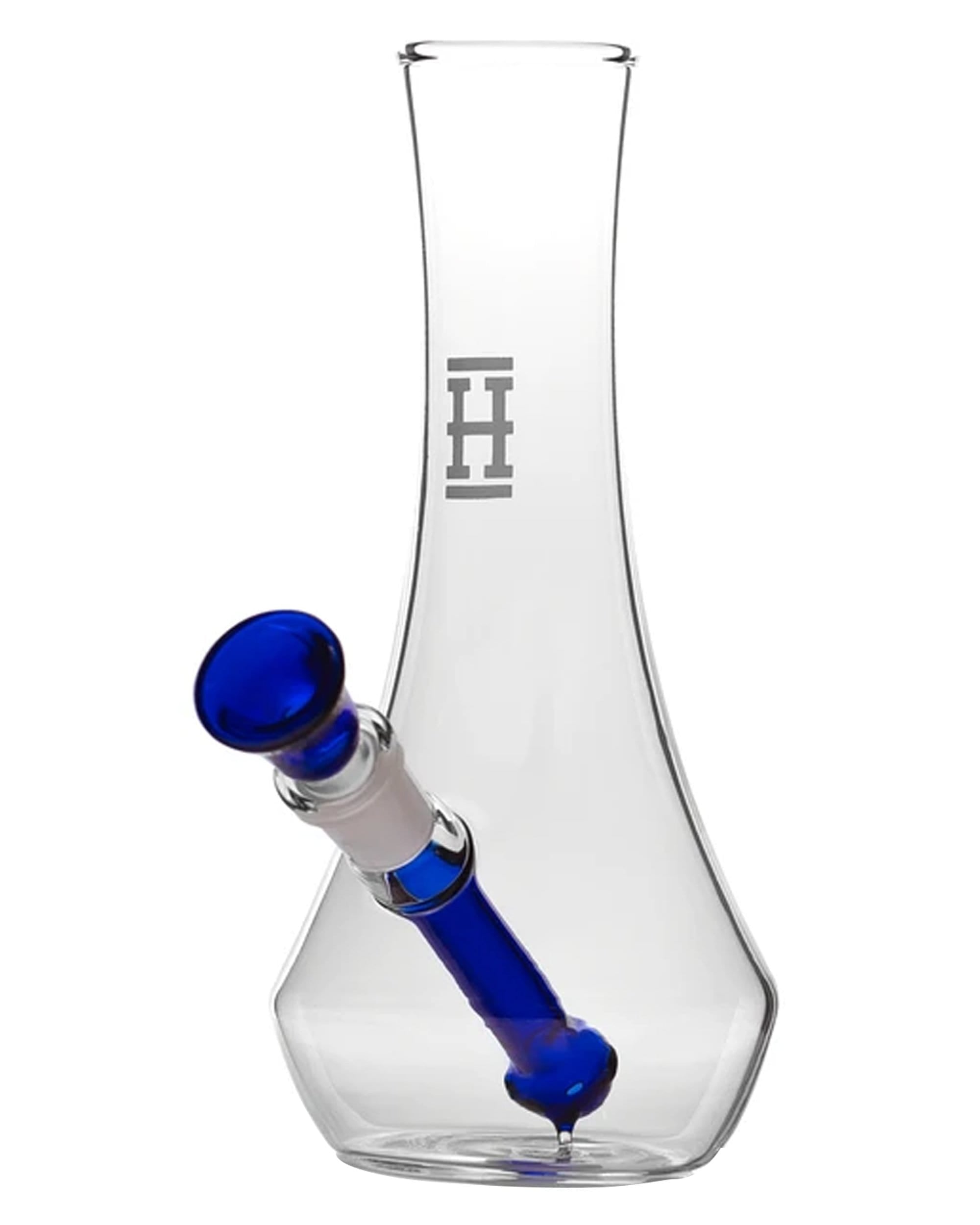 Front view of the Vase Bong, a clear glass piece with a blue mouthpiece, positioned against a plain white background. Front view of the Vase Bong, a clear glass piece with a blue mouthpiece, positioned against a plain white background.