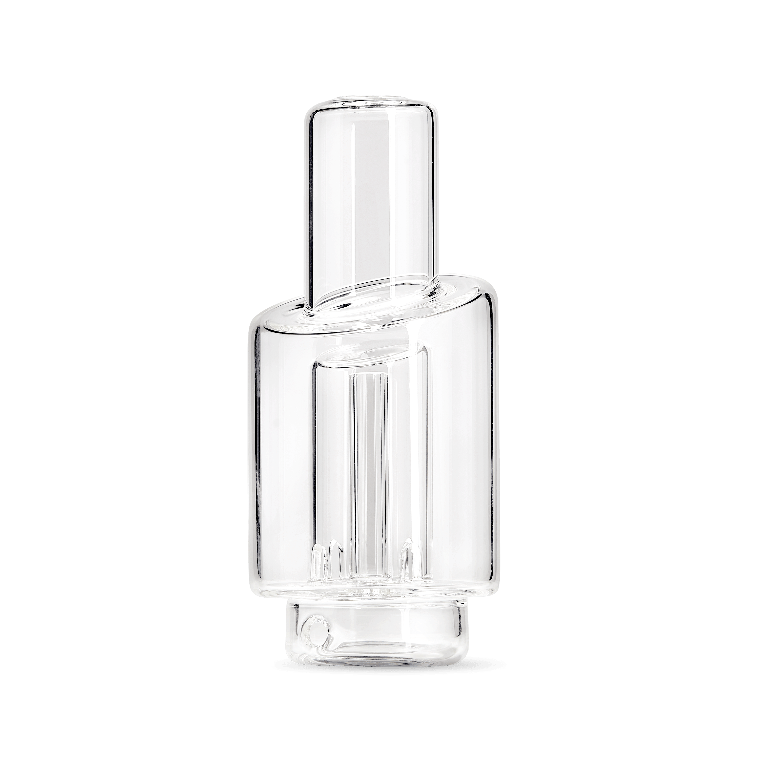 A straight-on view of the DUO Stock Mouthpiece, showing the clear glass construction and simple cylindrical shape. A straight-on view of the DUO Stock Mouthpiece, showing the clear glass construction and simple cylindrical shape.