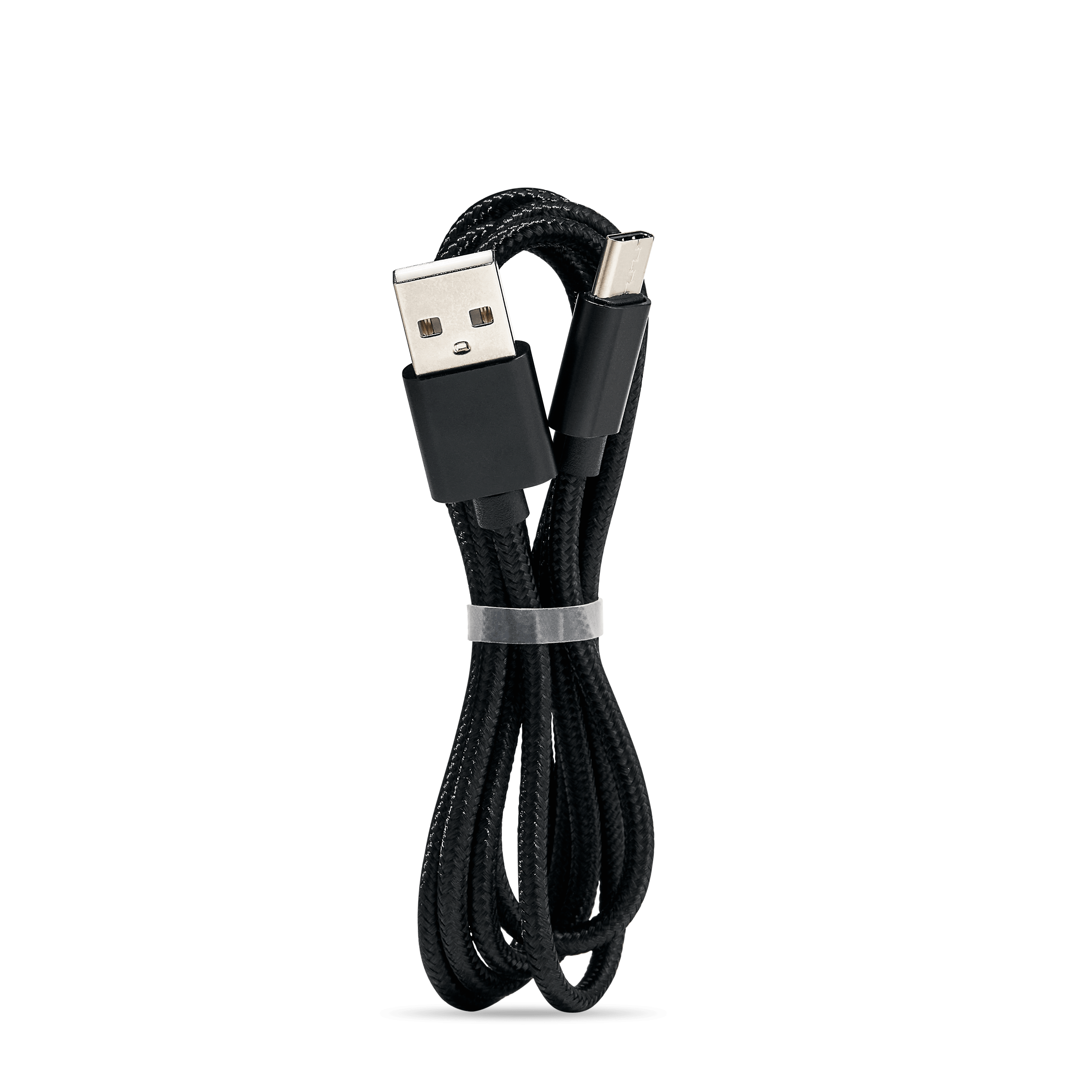 A slightly angled overhead view of the DUO USB-C Charging Cord, showcasing its black, braided texture against a plain white background. A slightly angled overhead view of the DUO USB-C Charging Cord, showcasing its black, braided texture against a plain white background.