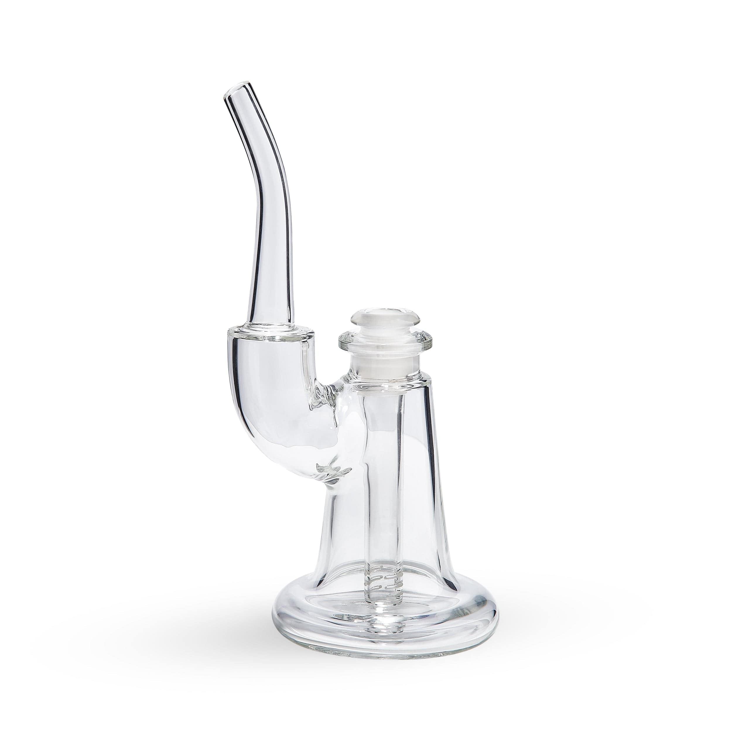 A three-quarter view of the Apex Bubbler, showcasing the clear glass construction and simple curved design. A three-quarter view of the Apex Bubbler, showcasing the clear glass construction and simple curved design.