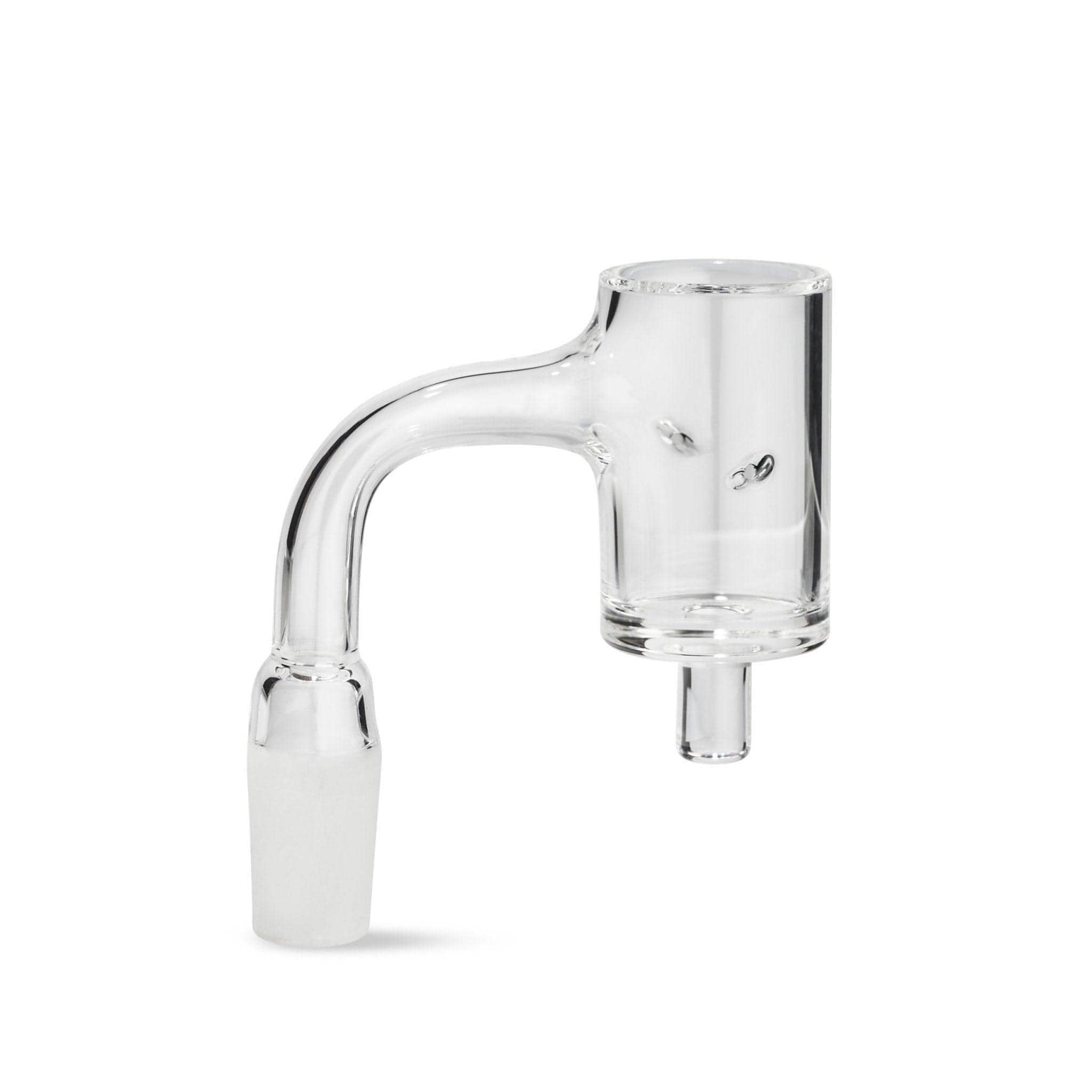 A side view of the 25mm Auto Spinner Quartz E-Banger, displaying its clear quartz construction and rounded design. A side view of the 25mm Auto Spinner Quartz E-Banger, displaying its clear quartz construction and rounded design.