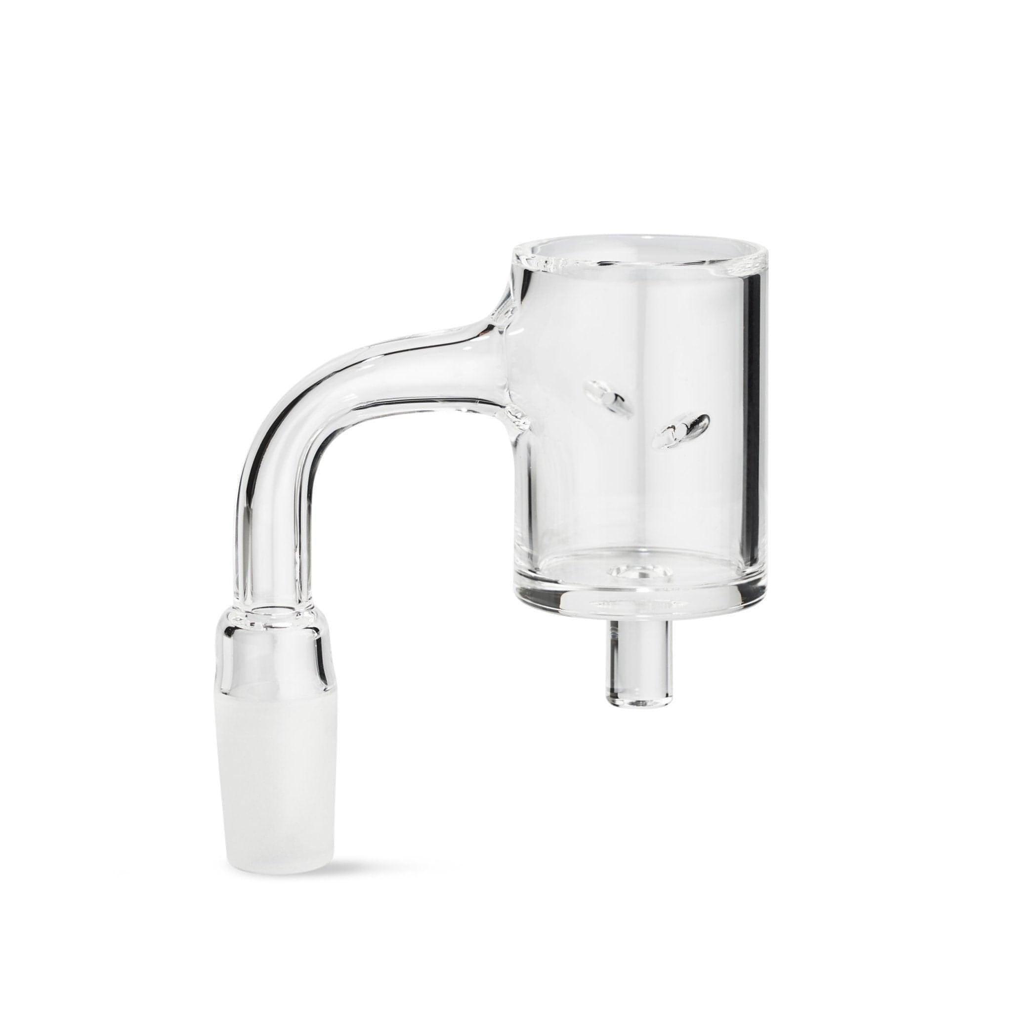 A close-up, angled view of the 30mm Auto Spinner Quartz E-Banger, displaying its clear quartz construction and rounded shape. A close-up, angled view of the 30mm Auto Spinner Quartz E-Banger, displaying its clear quartz construction and rounded shape.