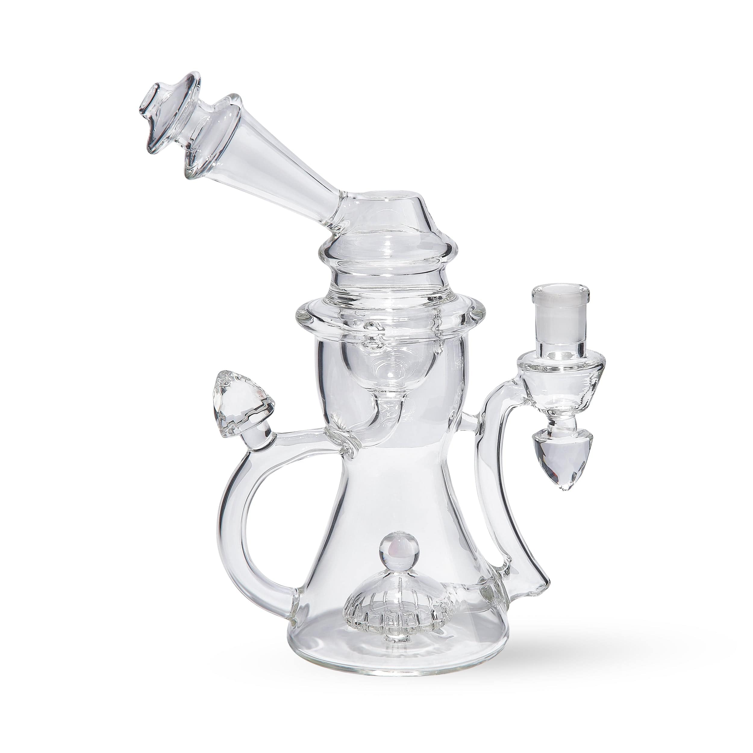 Front view of the Diamond Incycler Dab Rig, a clear glass rig with a unique percolator design and angled mouthpiece. Front view of the Diamond Incycler Dab Rig, a clear glass rig with a unique percolator design and angled mouthpiece.