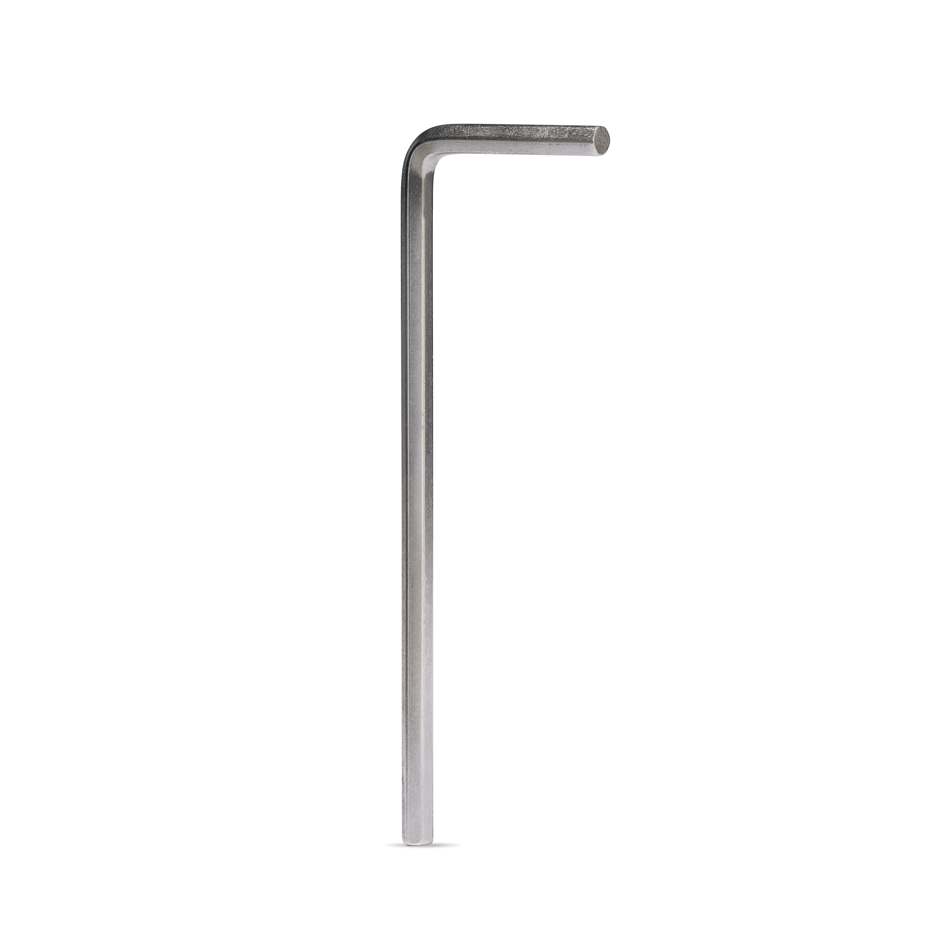 A studio shot of the DUO Hex Key, presented as a metallic, L-shaped tool against a plain white background. A studio shot of the DUO Hex Key, presented as a metallic, L-shaped tool against a plain white background.