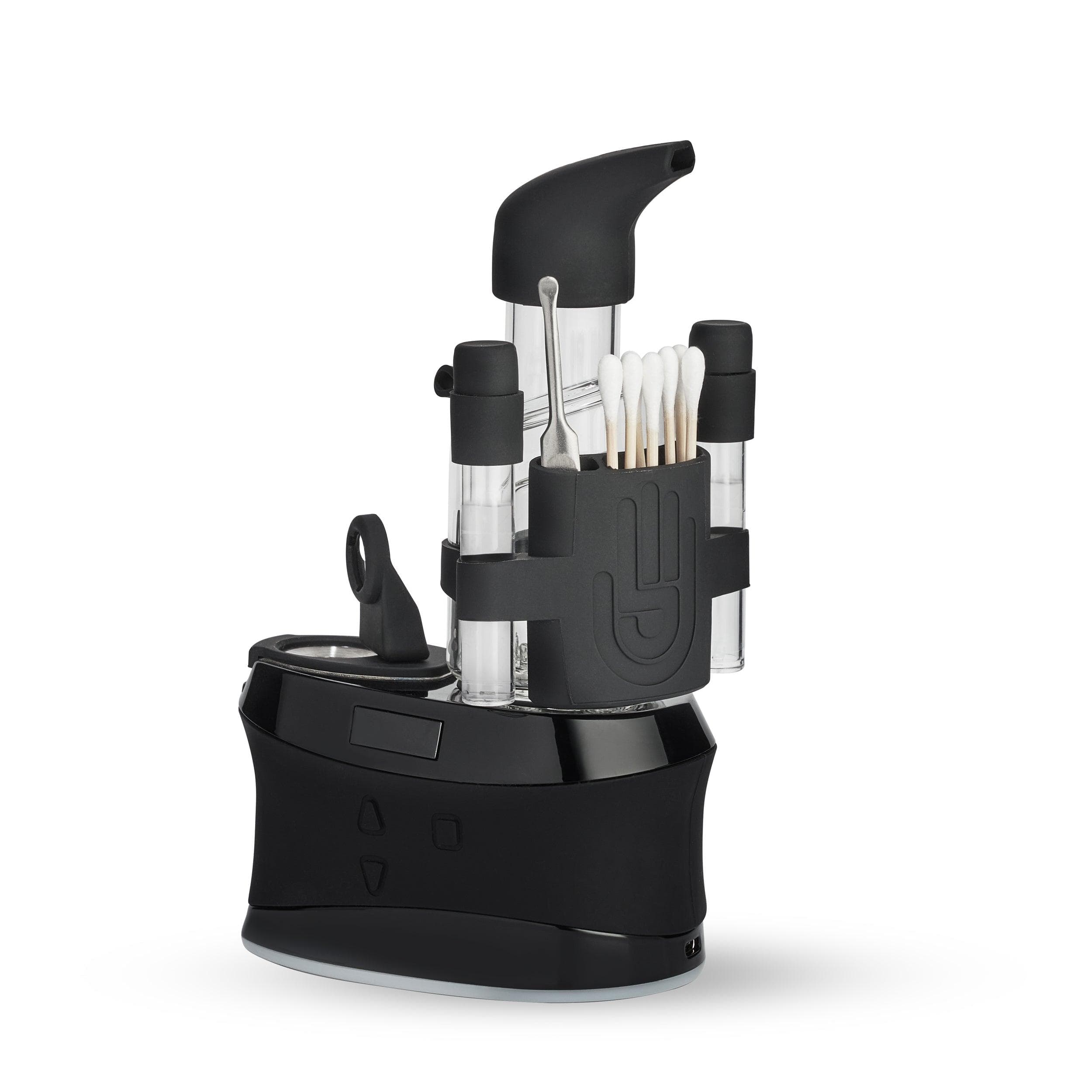 The DUO Utility Belt is displayed in a studio shot, showcasing its black design and multiple clear glass attachments. The DUO Utility Belt is displayed in a studio shot, showcasing its black design and multiple clear glass attachments.