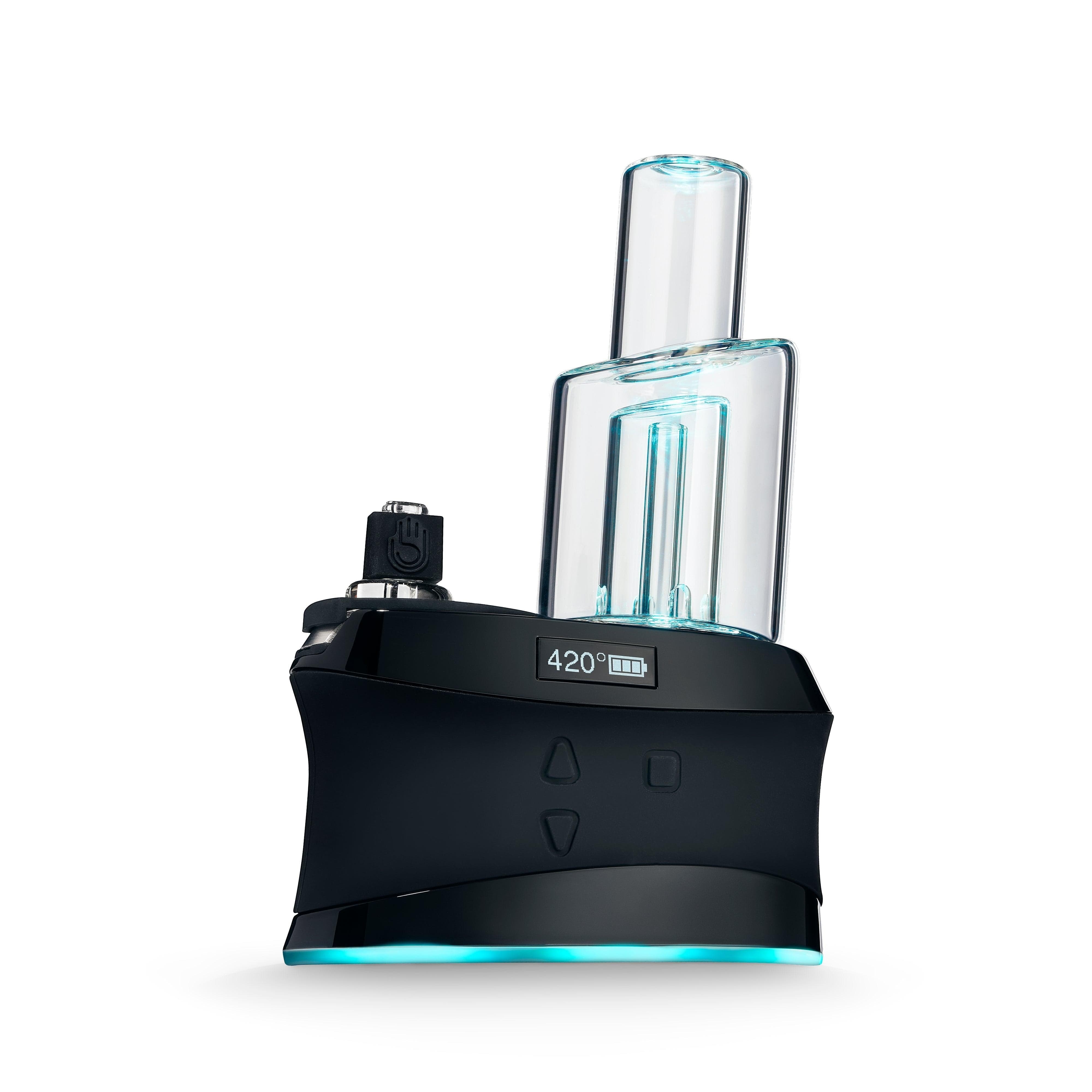 Front view of the DUO Vaporizer, featuring a sleek black base and clear glass chamber illuminated against a plain white background. Front view of the DUO Vaporizer, featuring a sleek black base and clear glass chamber illuminated against a plain white background.