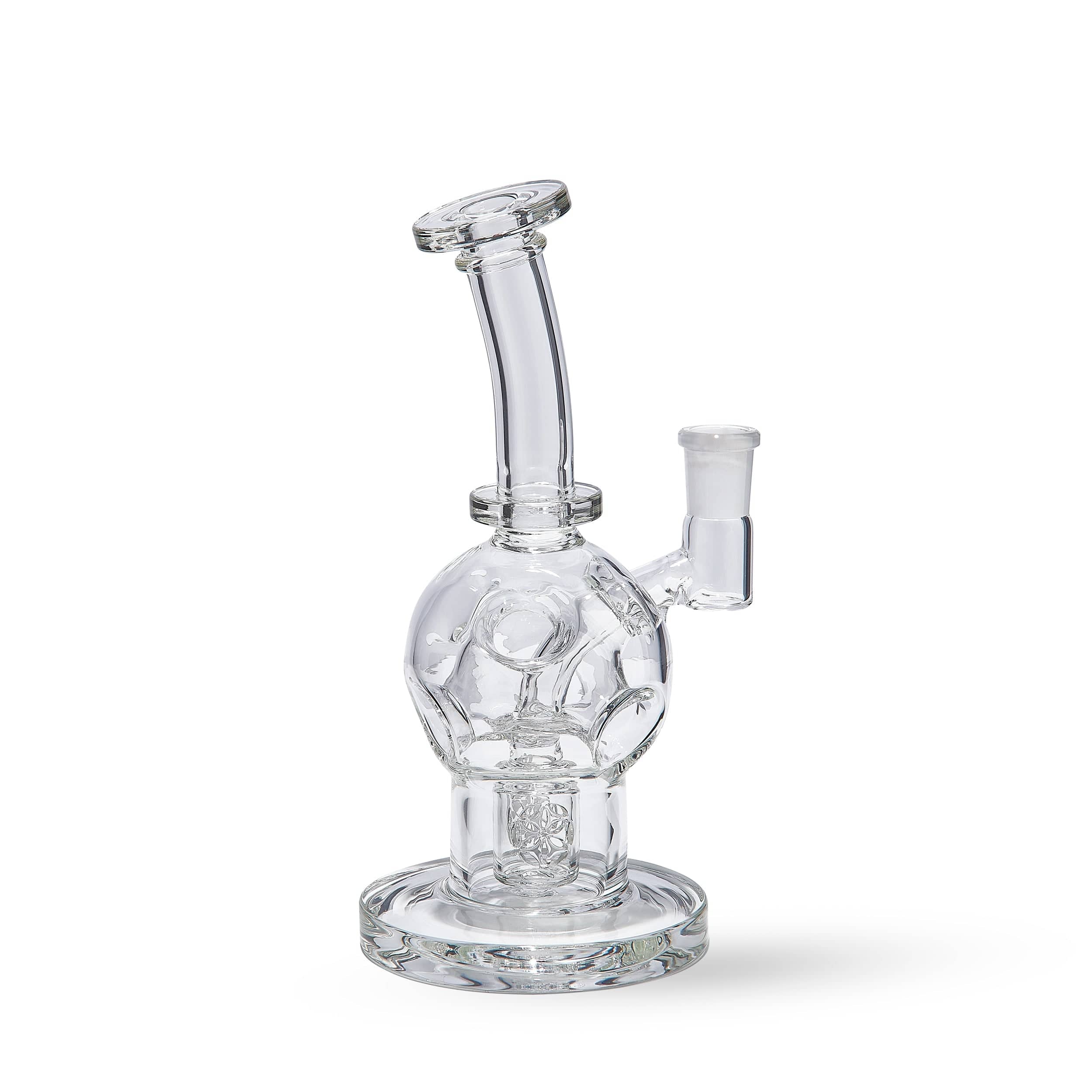 Front view of the Exosphere Dab Rig, a clear glass rig with a unique, rounded base and angled neck. Front view of the Exosphere Dab Rig, a clear glass rig with a unique, rounded base and angled neck.