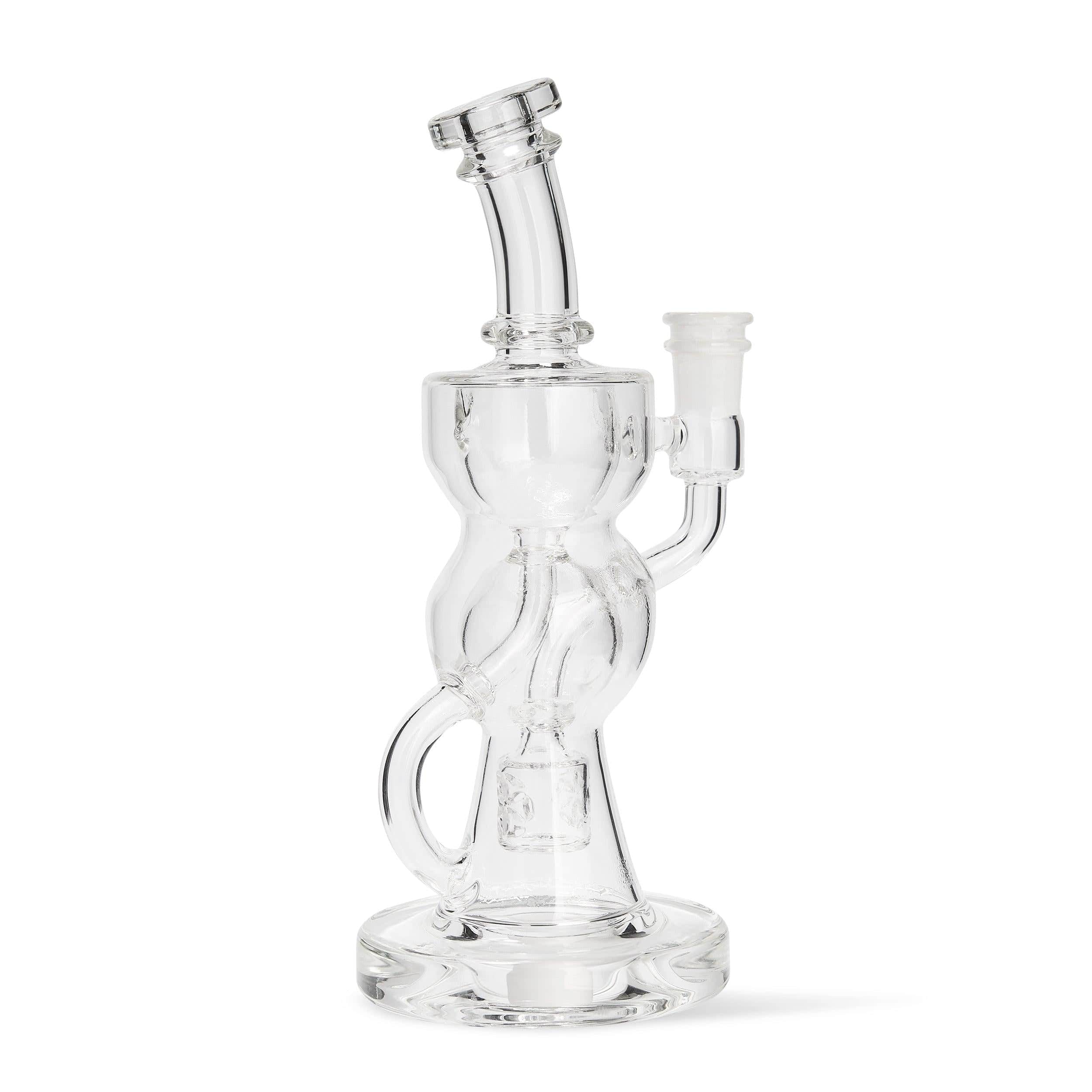 Front view of the FTK Dab Rig, a clear glass rig with a unique, curved design and visible joint. Front view of the FTK Dab Rig, a clear glass rig with a unique, curved design and visible joint.