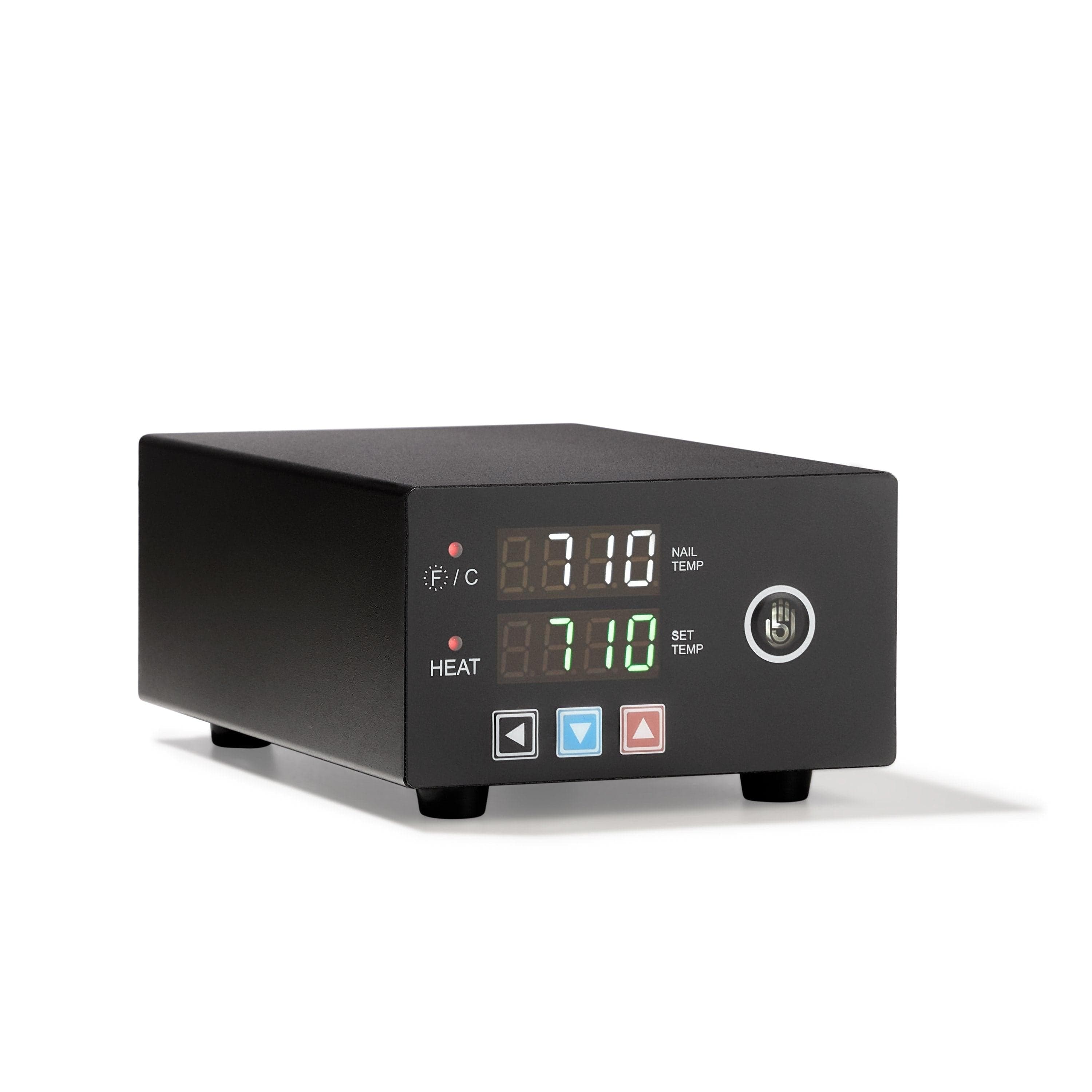 Front view of the Micro E-Nail Controller Only, displaying a digital temperature readout on its black casing. Front view of the Micro E-Nail Controller Only, displaying a digital temperature readout on its black casing.