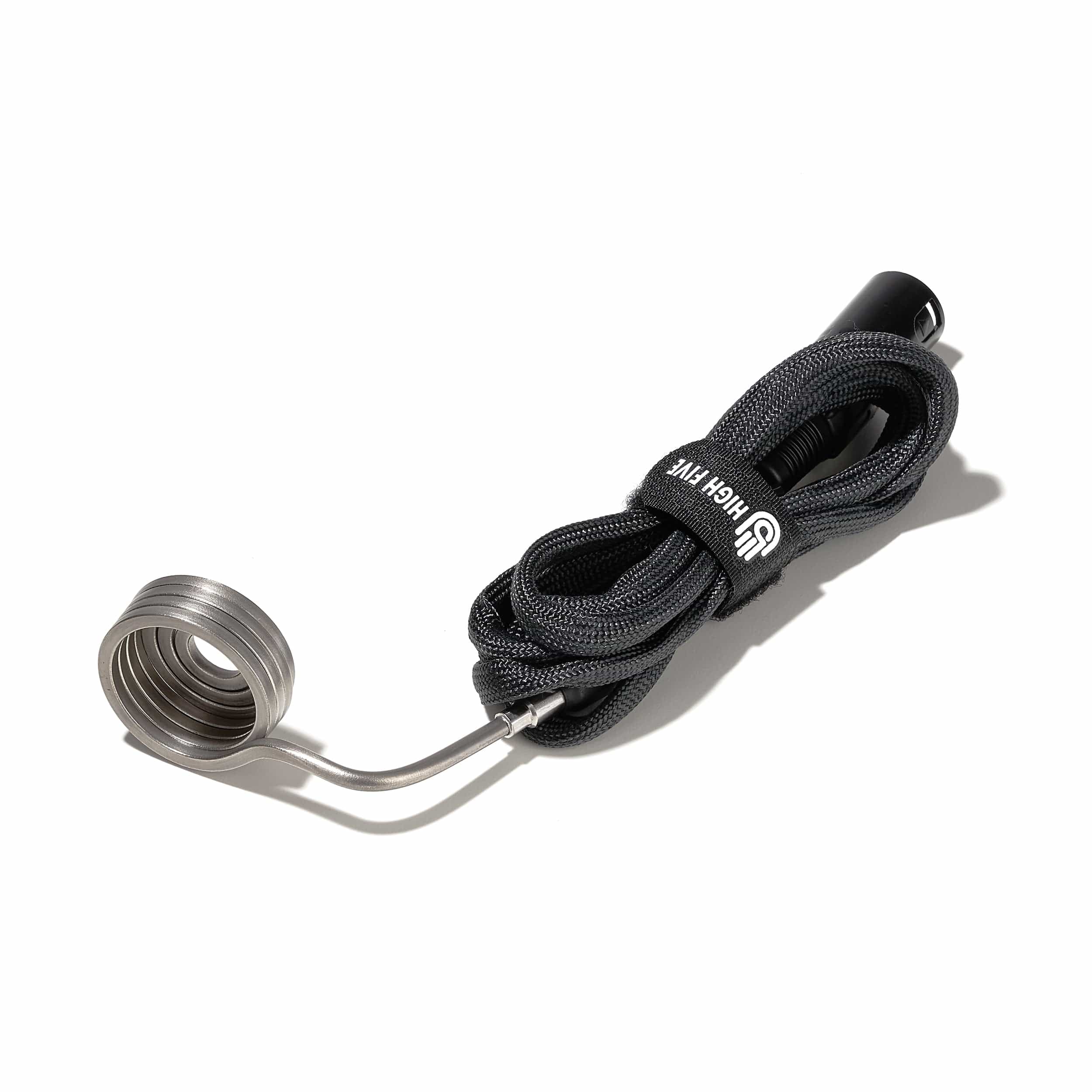 A close-up, angled view of the Terp E-Slurper Coil, featuring a metallic, spiraled design against a plain white background. A close-up, angled view of the Terp E-Slurper Coil, featuring a metallic, spiraled design against a plain white background.