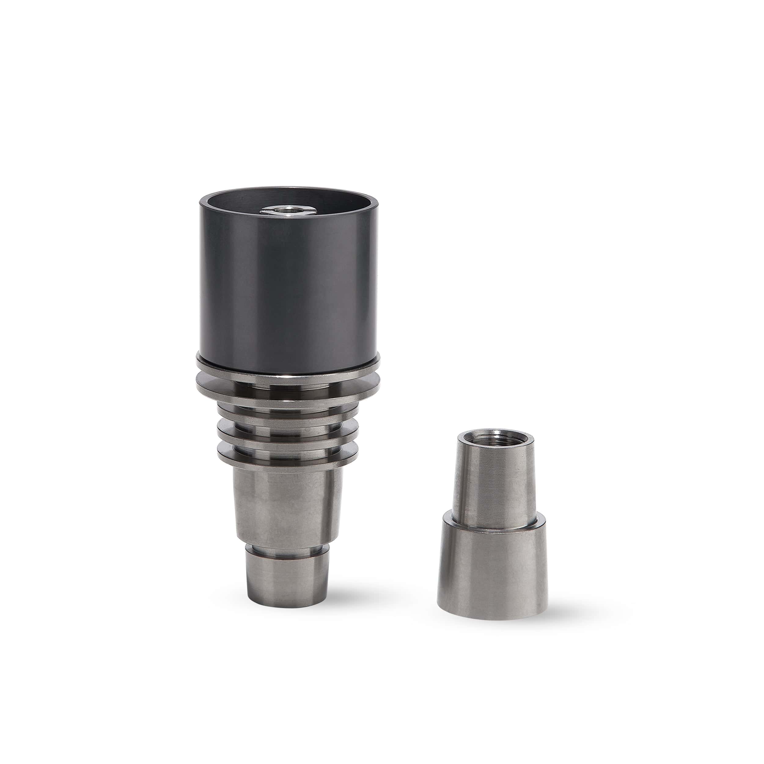 Close-up angled view of the Universal SIC Hybrid Nail, showing its metallic, tiered construction against a plain white background. Close-up angled view of the Universal SIC Hybrid Nail, showing its metallic, tiered construction against a plain white background.