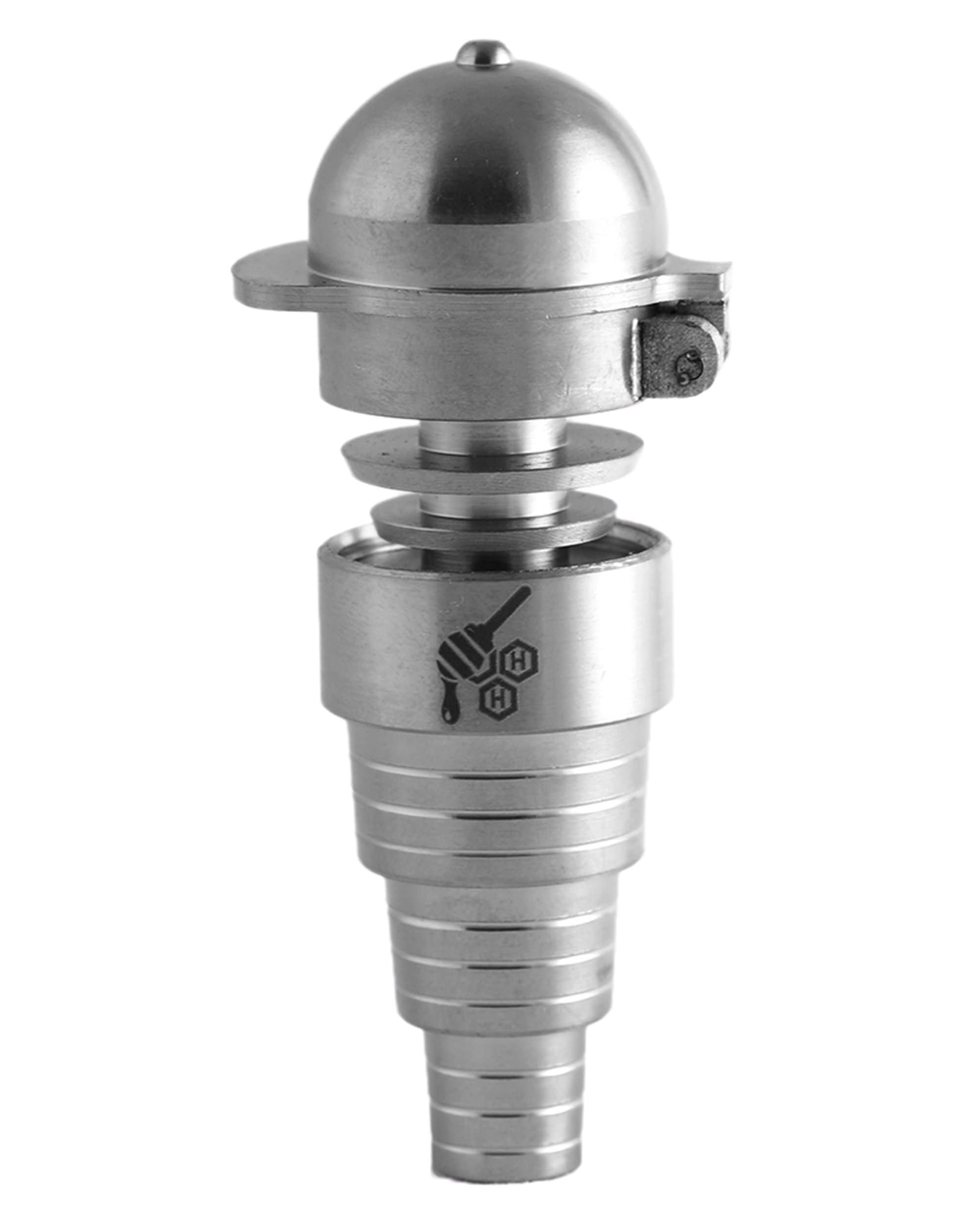 A detailed close-up of the Titanium Baseball Carb Cap 6 in 1 nail, showing its metallic, dome-shaped design and textured surface. A detailed close-up of the Titanium Baseball Carb Cap 6 in 1 nail, showing its metallic, dome-shaped design and textured surface.