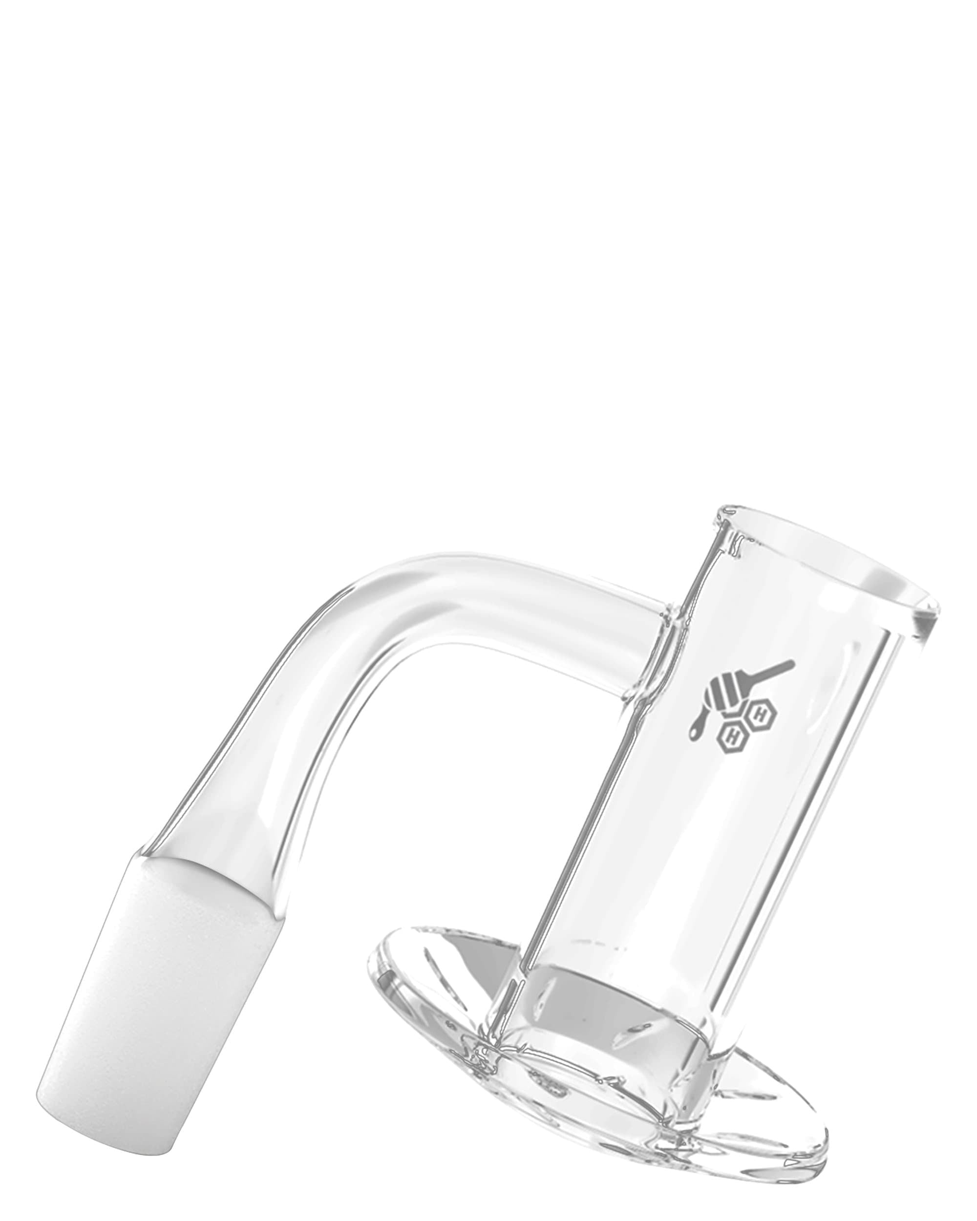 A close-up, angled view of the Beehive Terp Slurp Banger, displaying its clear glass construction and smooth, rounded shape. A close-up, angled view of the Beehive Terp Slurp Banger, displaying its clear glass construction and smooth, rounded shape.