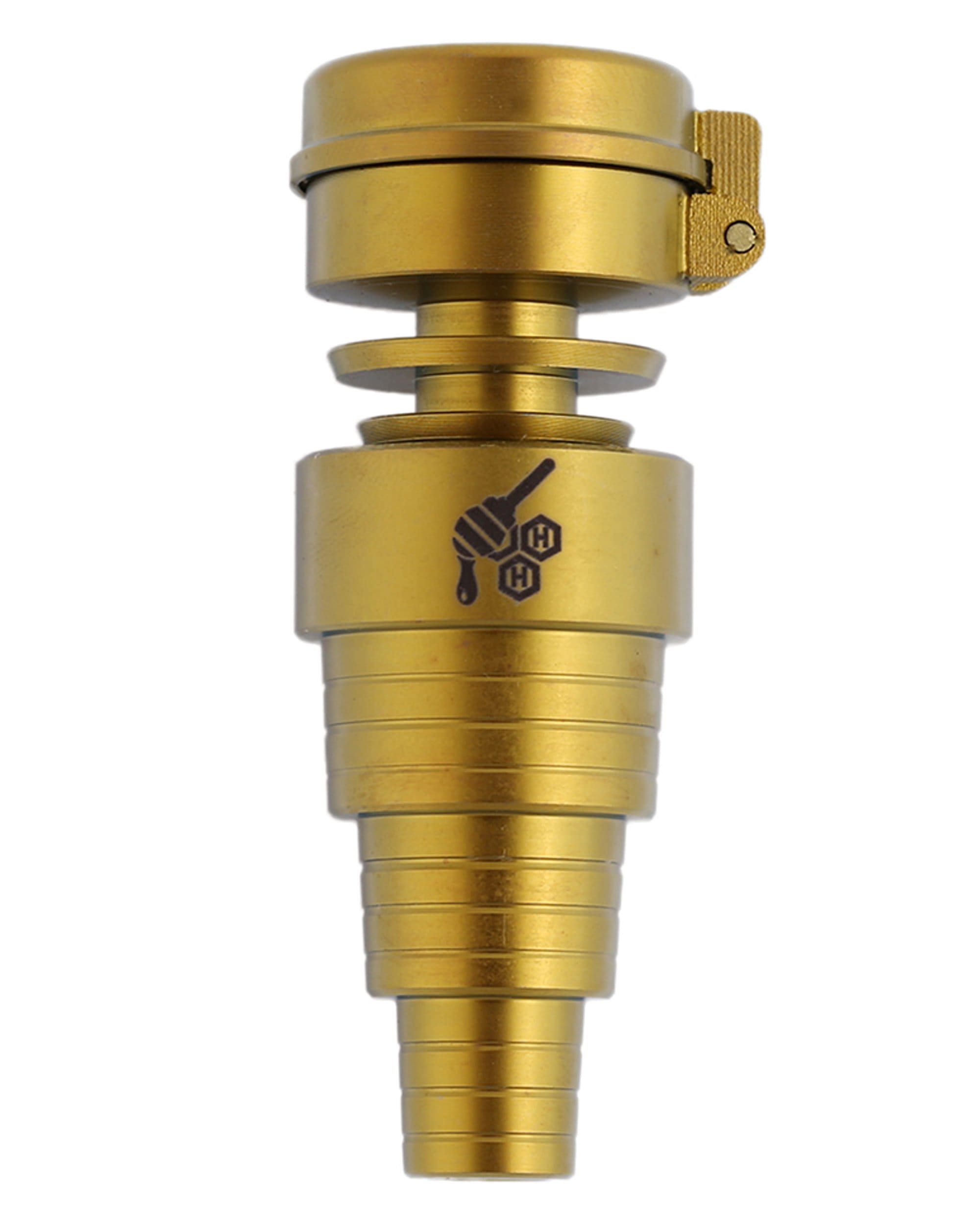 Close-up of the Carb Cap 6 in 1 Titanium Nail, showcasing its metallic, layered construction in a bright studio setting. Close-up of the Carb Cap 6 in 1 Titanium Nail, showcasing its metallic, layered construction in a bright studio setting.