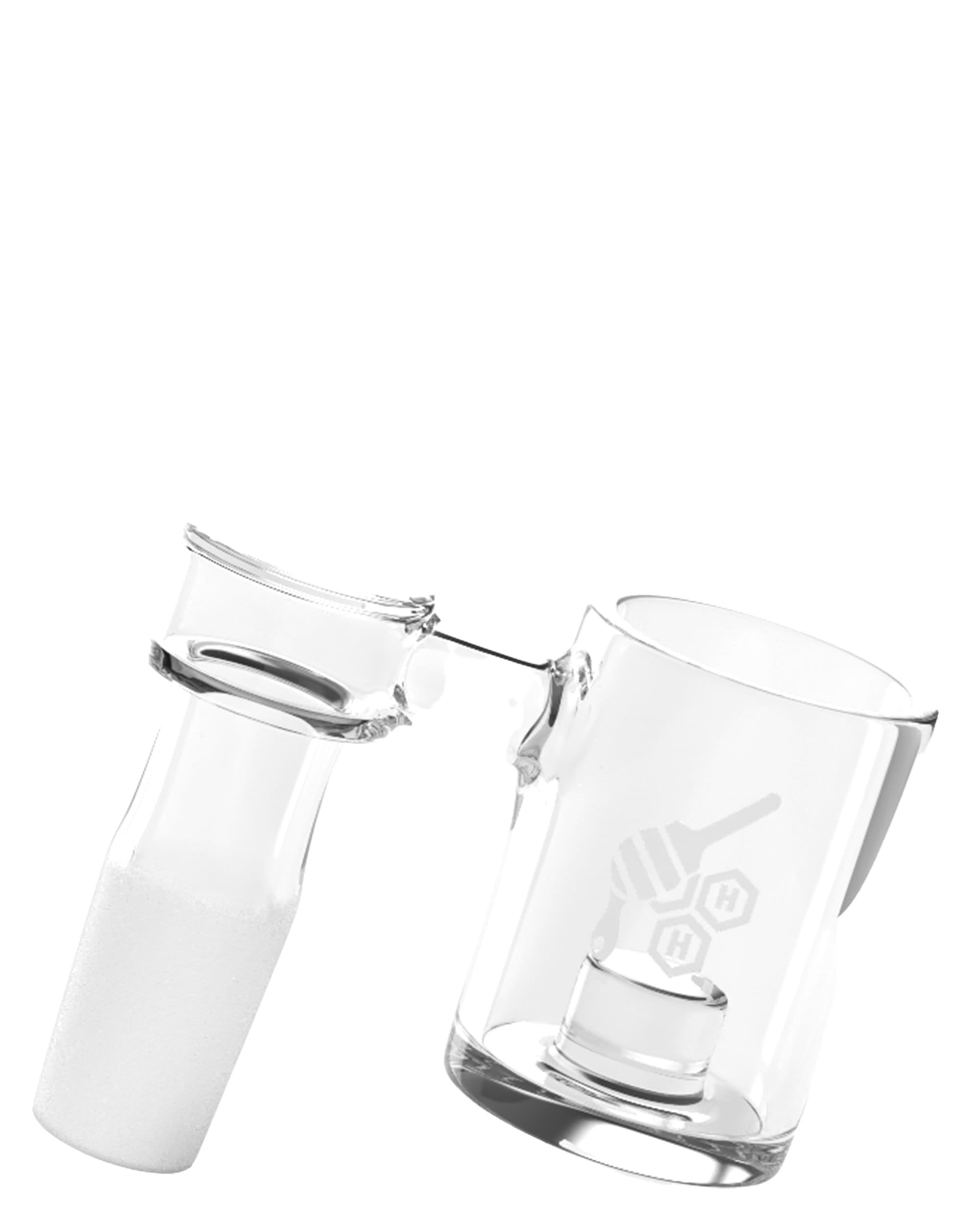 A three-quarter view of the Core Reactor Sidecar Banger, showcasing its clear glass construction and angled design. A three-quarter view of the Core Reactor Sidecar Banger, showcasing its clear glass construction and angled design.